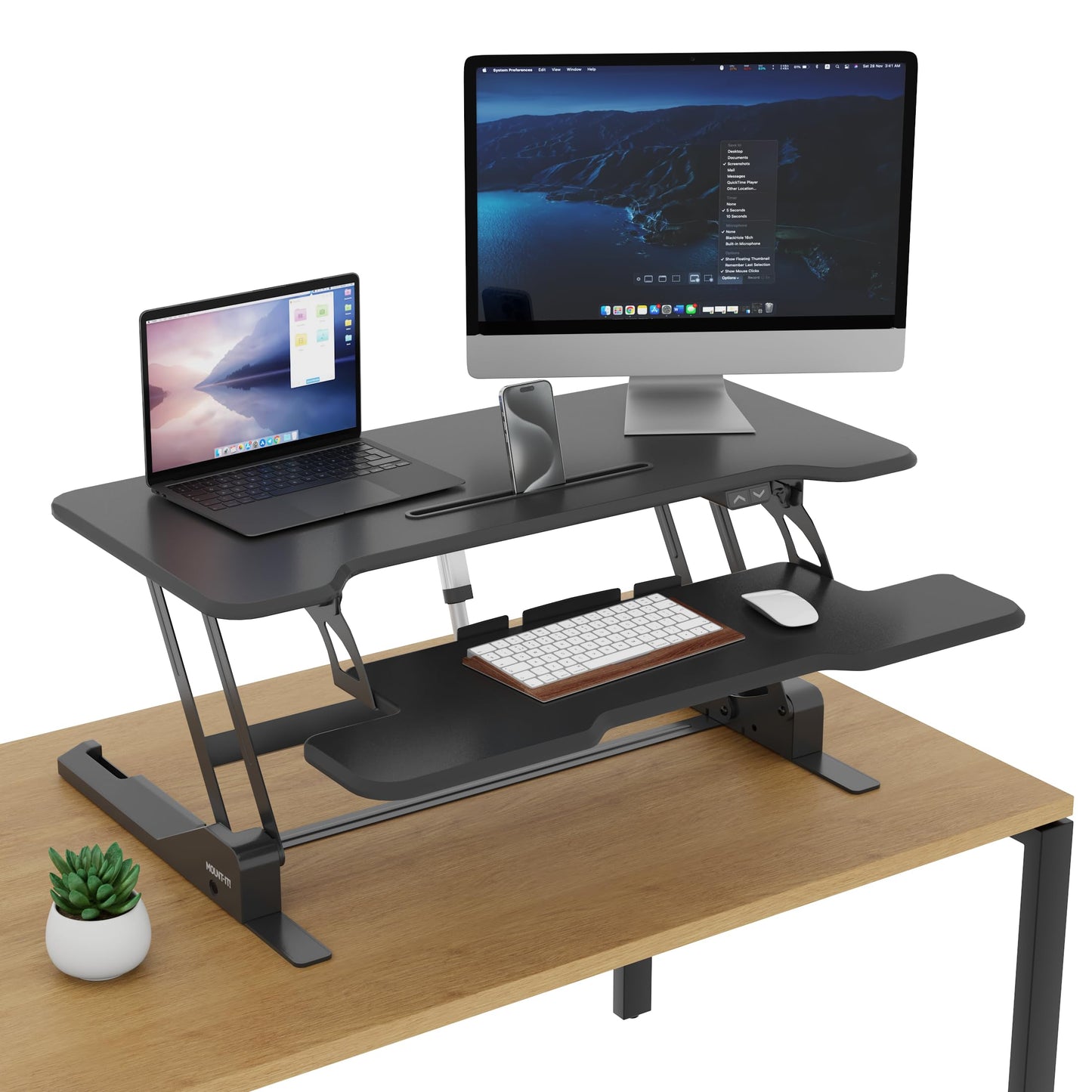 Mount-It! Electric Standing Desk Converter with 38" Tabletop, Height Adjustable Sit Stand Desk Riser, Motorized Desk Riser with Keyboard Tray and Device Slot, Fits Monitor & Laptop, Black