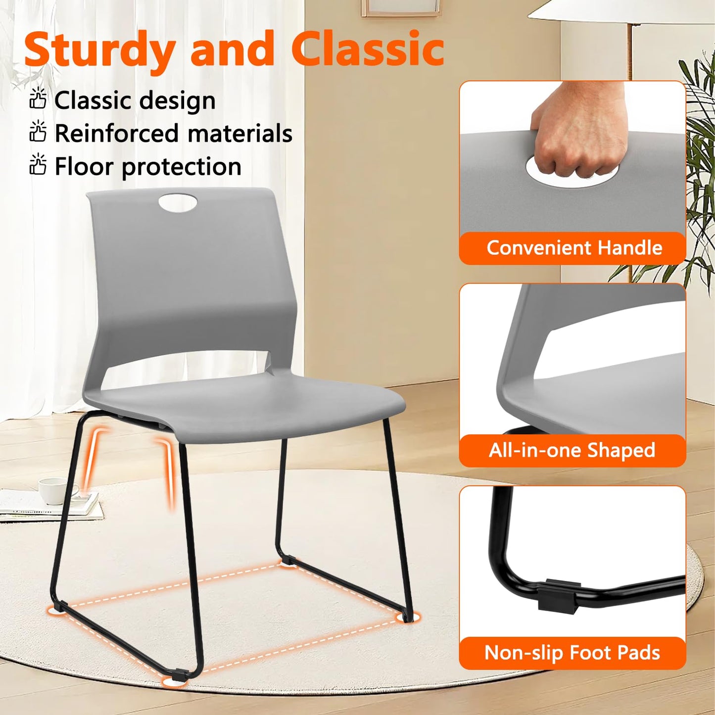 KLASIKA Stackable Guest Reception Chairs, Stacking Office Chair with Ergonomic Lumbar Support & Metal Legs, Plastic Desk Chairs for Conference School Church Waiting Meeting Break Room Set of 12, Gray