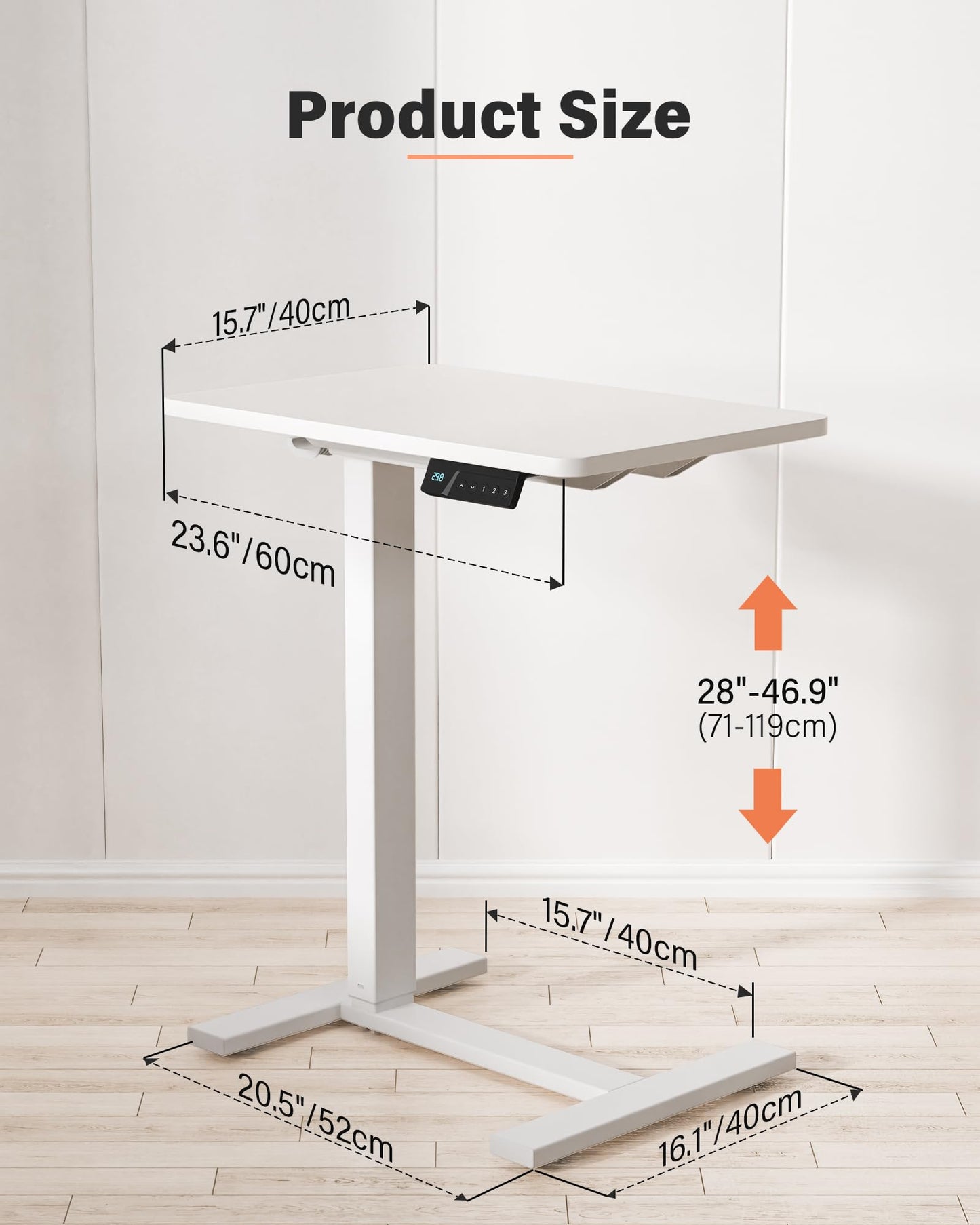 FiCiHi Electric Standing Desk with Wheels – Adjustable Height Mobile Sit-Stand Laptop Table, Portable Rolling Small Computer Workstation for Home Office & Bedside Use (28"x16", White)