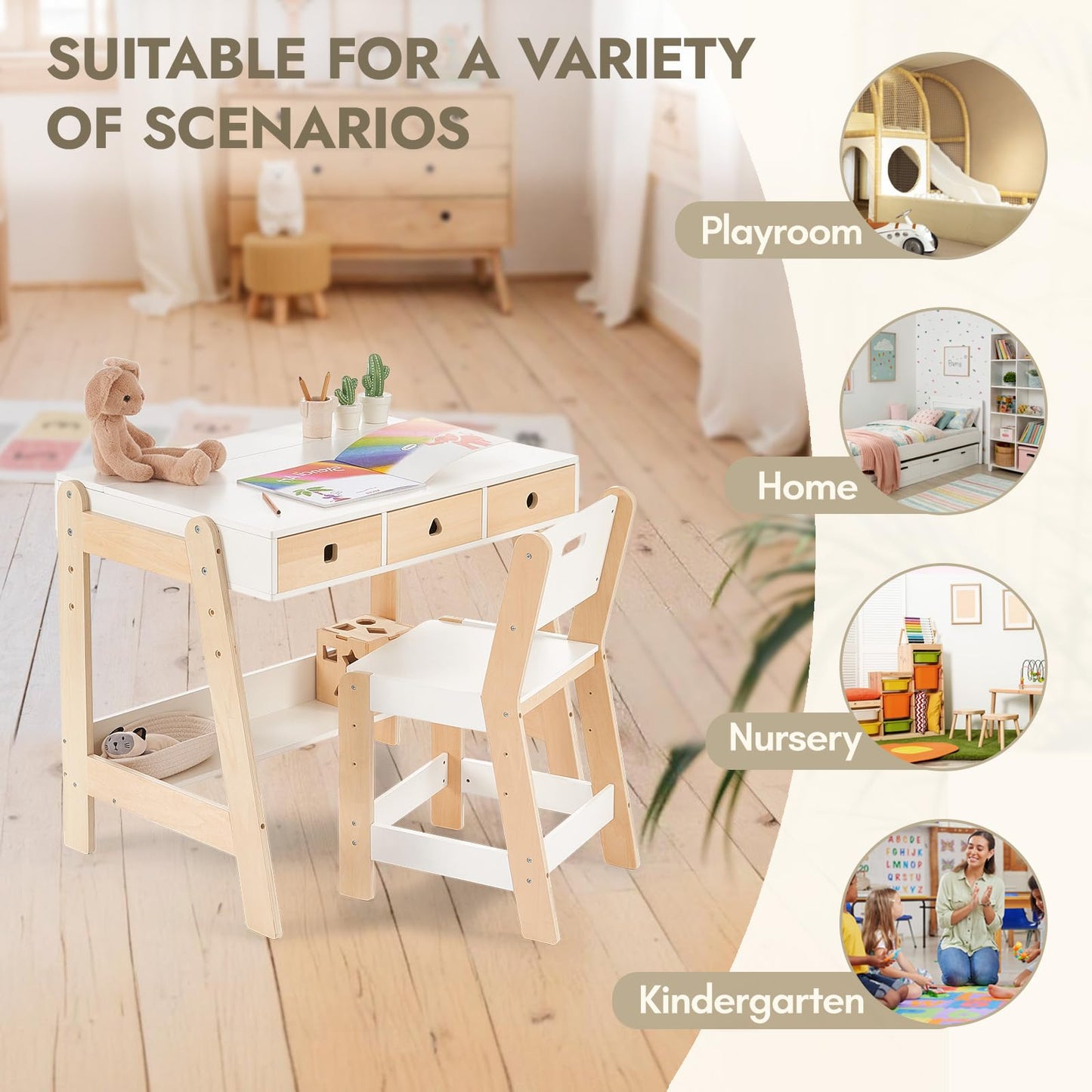 Giant bean Kids Wooden Table and Chair Set, Study Desk and Chair Set with Storage Drawer, White Learning Table with Cabinets for Boys and Girls Ages 3-12 Years,Suitable for Classroom,Home,Playroom