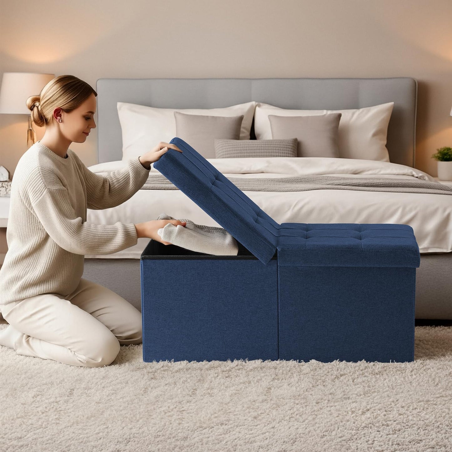 Snuvid 30-INCH Ottoman with Storage, Footrest Storage Bench, End of Bed Bench Coffee Table for Living Room, Bedroom, Entryway (Blue)