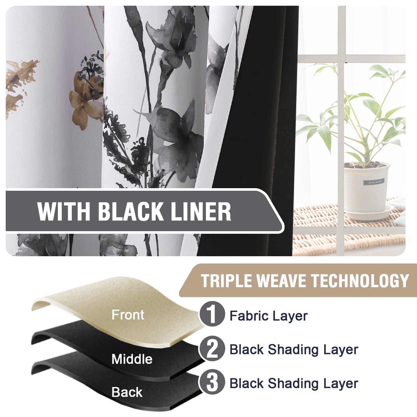 H.VERSAILTEX 100% Blackout Curtains for Bedroom Cattleya Floral Printed Drapes 63 Inches Long Leah Floral Pattern Full Light Blocking Drapes with Black Liner Rod Pocket 2 Panels, Grey/Taupe