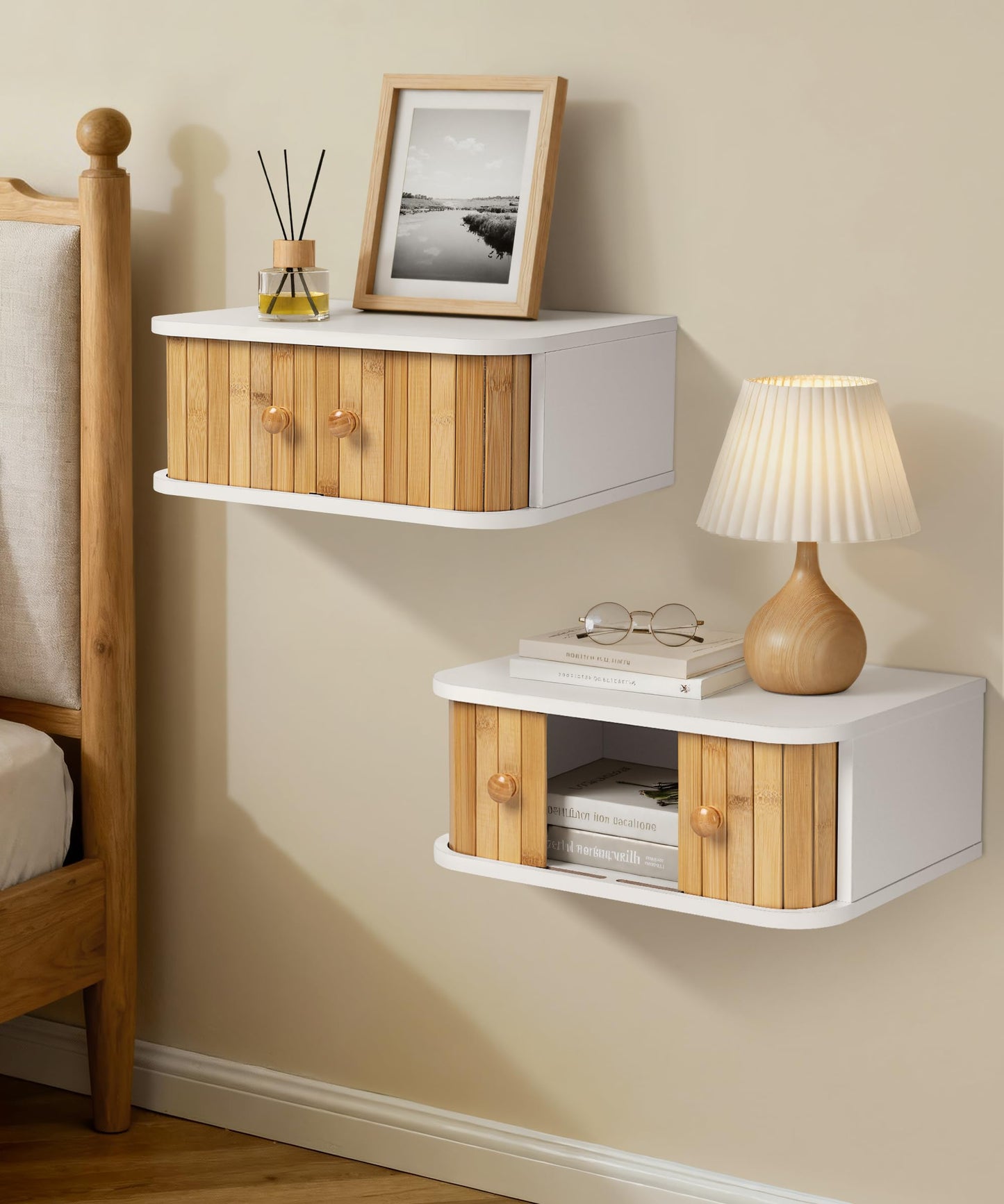 SUMGAR Floating Nightstand Set of 2 White Night Stand Boho Bedside Table Organiser Small Spaces Wall Mounted Shelf Storage with Drawers Wood Bamboo Natural Hanging Furniture for Bedroom Home Decor