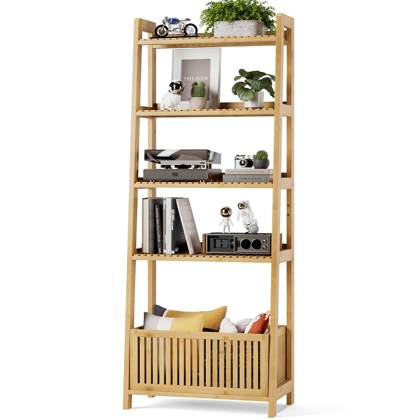 Bamjoy Bamboo Ladder Shelf, Bookshelf with 4 Display Shelves and 1 Open Storage Basket, Multifunctional Storage Rack Organizer for Home Office, Bedroom, Living Room, 66” H Natural