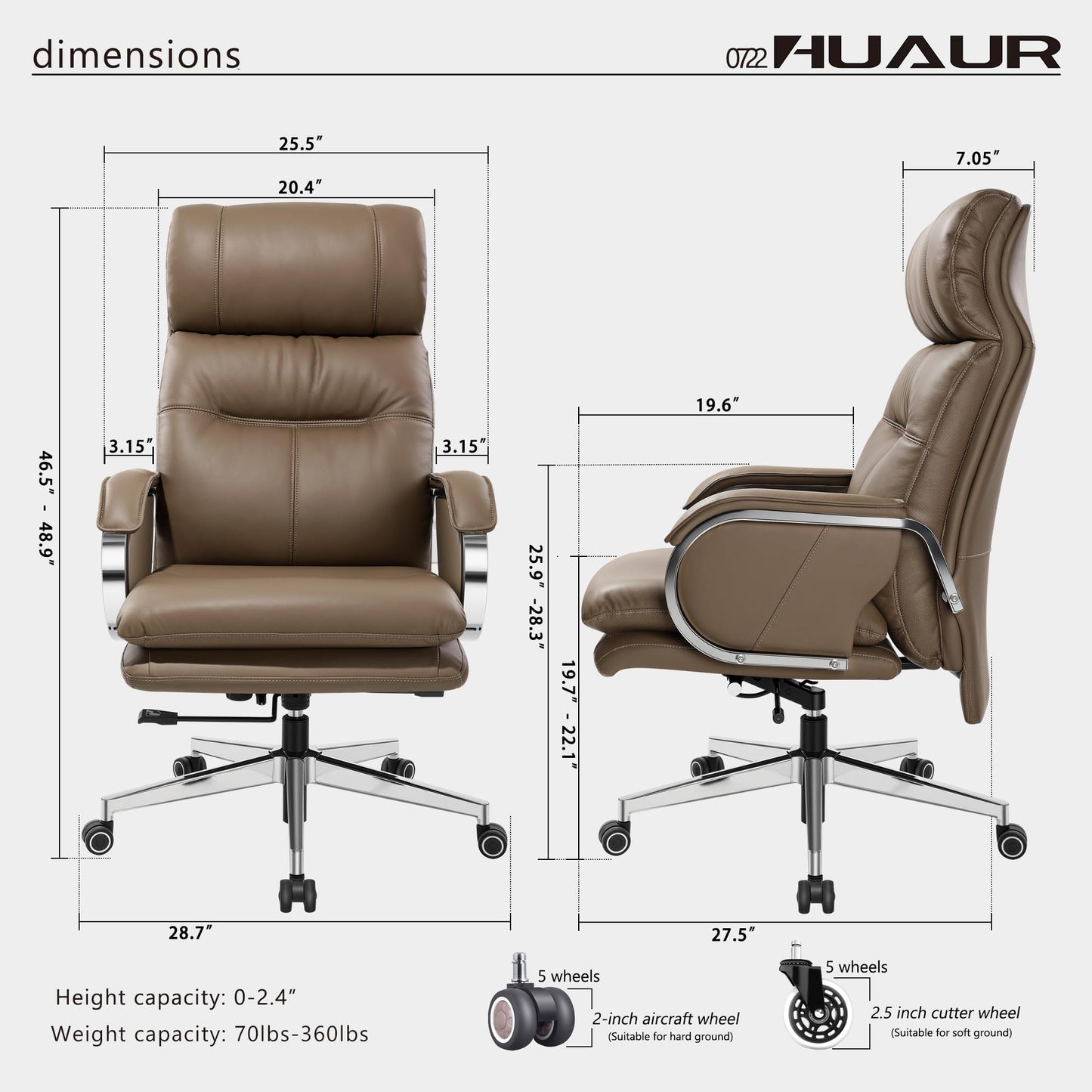 HUAUR Genuine Leather Modern Executive Chair High-Back Support 90 to 150 Degrees Tilt and Upholstered Home Desk Chair with Base 400LB Capacity Swivel Computer Office Chair (Taupe)