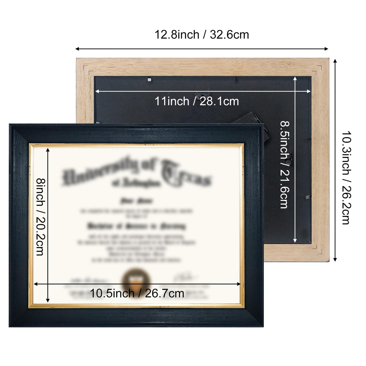 GMFrames 8.5x11 Wood Diploma Frame, Tempered Glass, Rustic Black Finish with Gold Trim