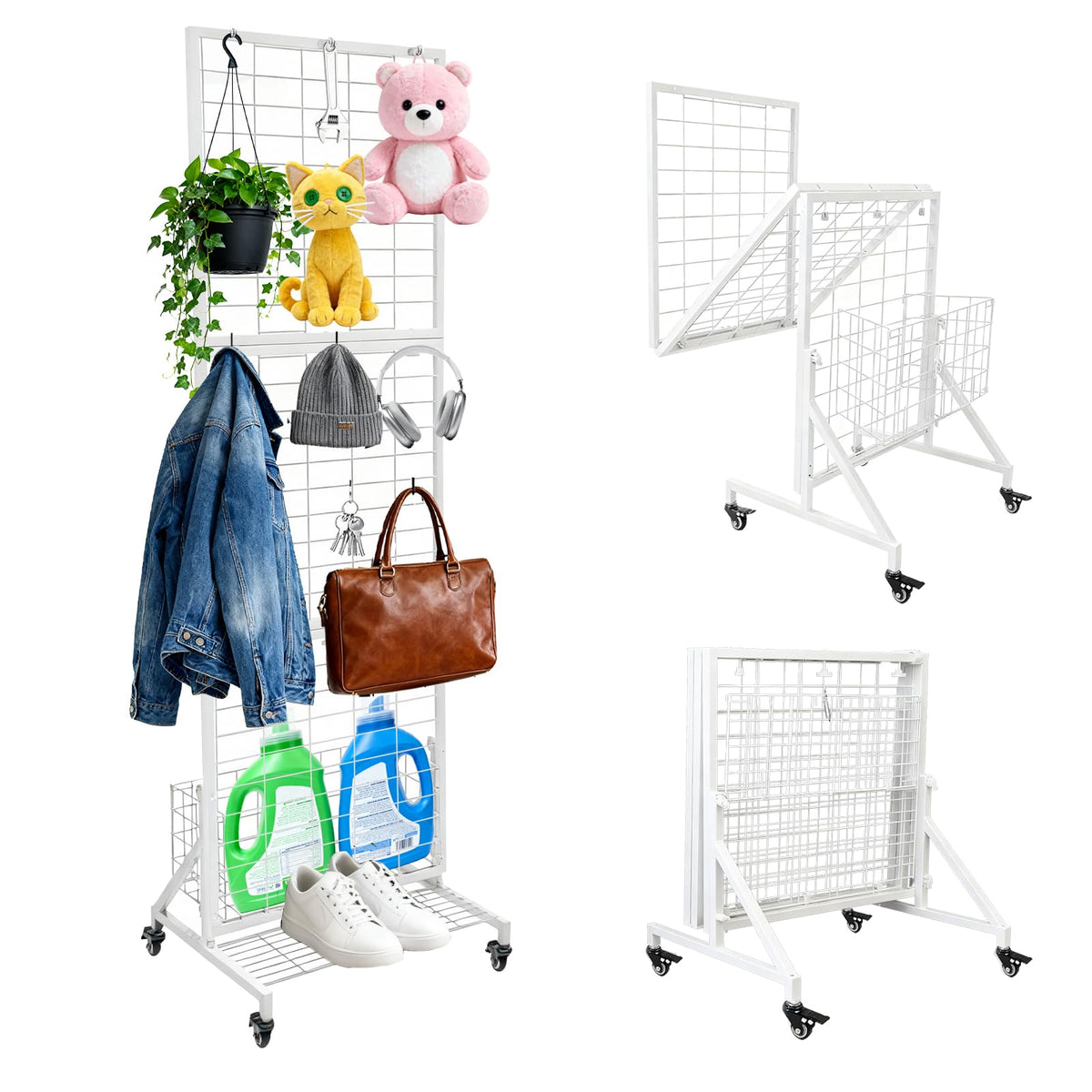 APshouhu Foldable Grid Wall Panels, Gridwall Panels with Folding Baskets, Tool-Free Assembly and Folding, for Storage and Retail Merchandise Display (White)