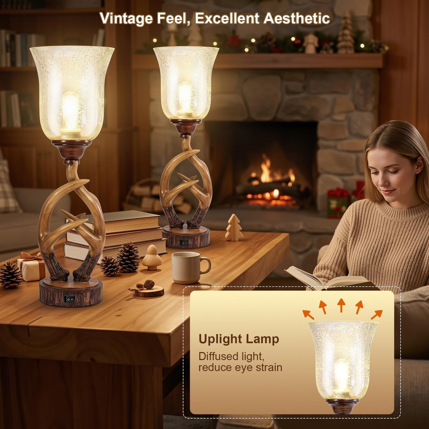 Scenekoy Antler Table Uplight Lamp Set of 2 for Living Room Bedroom, 20.5” Resin Memory Function Bedside Lamps with Glass Shade, Rustic Nightstand Lamp with USB Ports for Home Decor (Bulb Included)