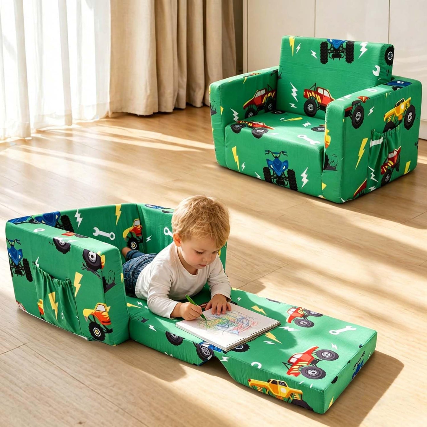 Beavtaens Kids Couch, 2-in-1 Kids Fold Out Sofa, Convertible Toddler Couch to Lounger for Girls and Boys, Soft Toddler Chairs Comfy 1-3 Years Old (Green Monster Truck)