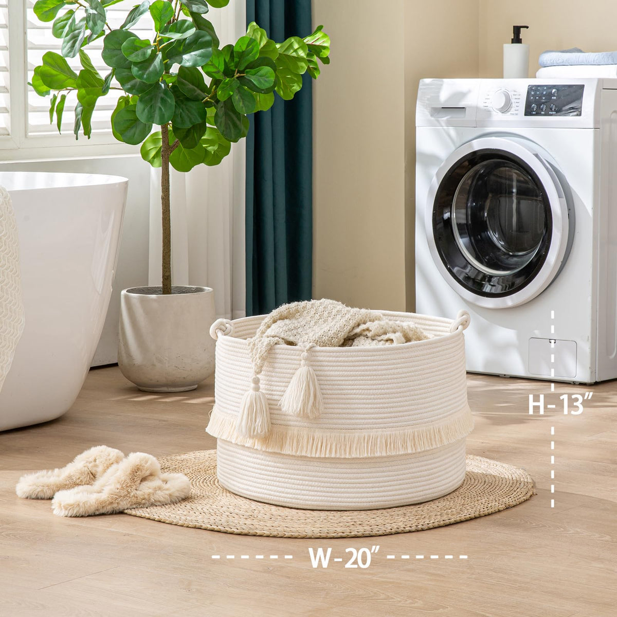 KAKAMAY Large Blanket Basket (20"x13"),Woven Baskets for storage Baby Laundry Hamper, Cotton Rope Blanket Basket for Living Room, Laundry, Nursery, Pillows, Baby Toy chest (White)