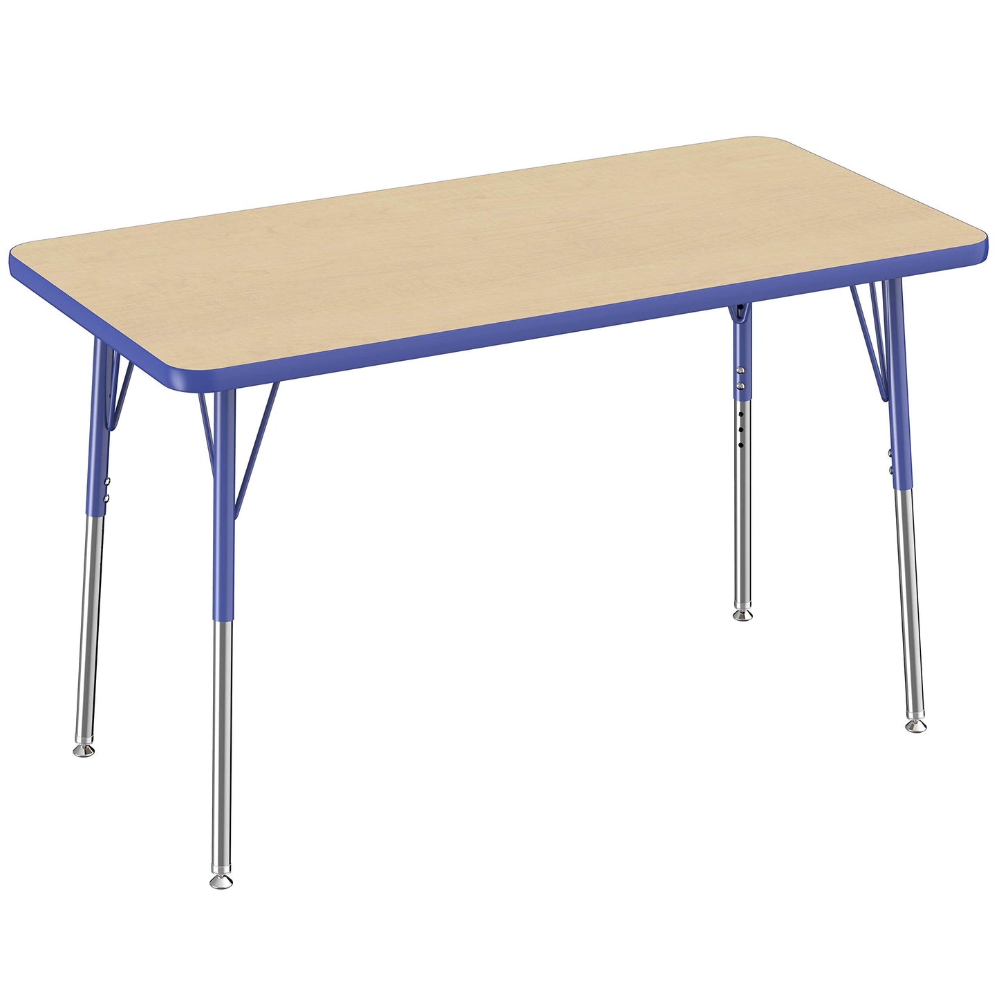 FDP Rectangle Activity School and Office Table (24 x 48 inch), Standard Legs with Swivel Glides, Adjustable Height 19-30 inches - Maple Top and Blue Edge