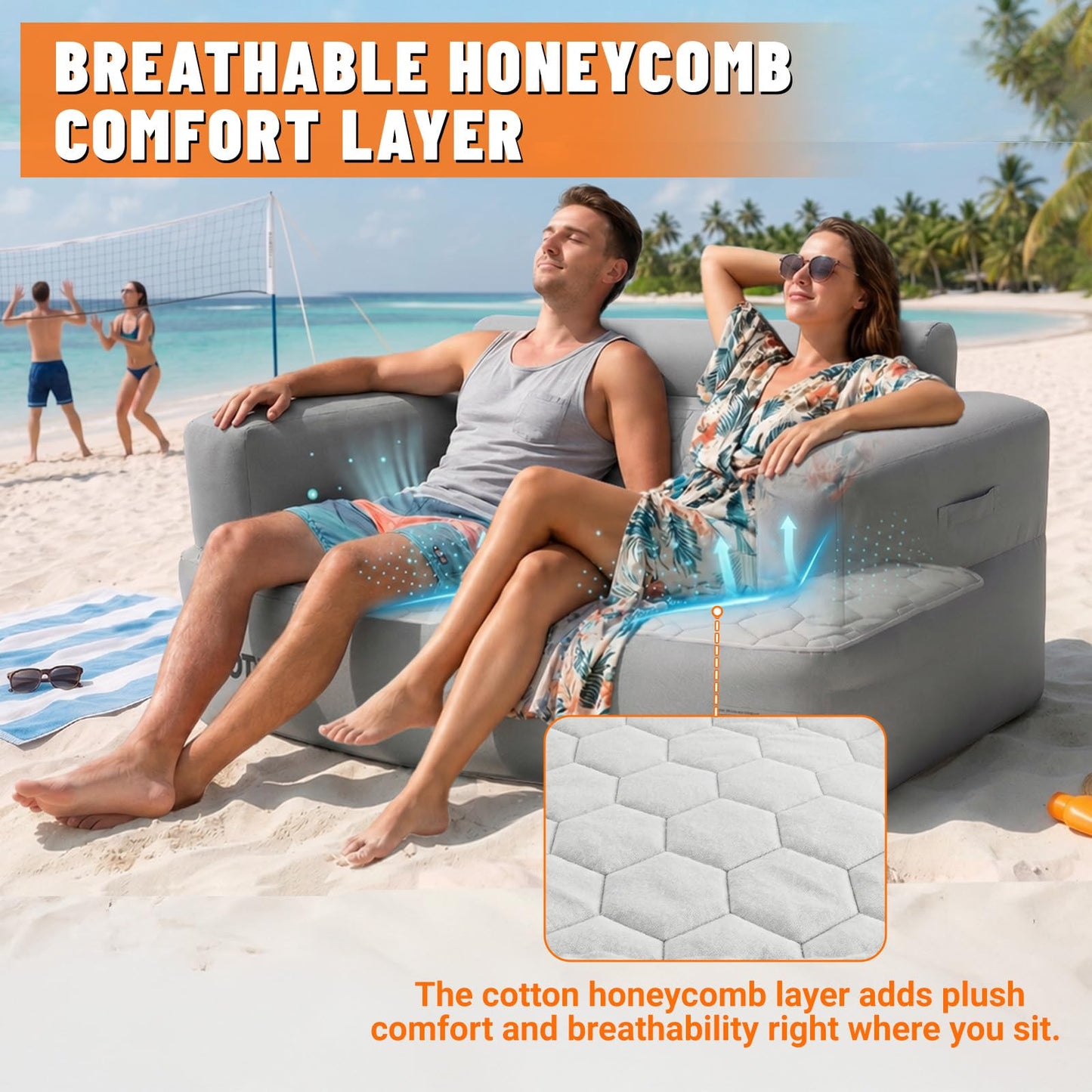 GOTIDY Inflatable Couch Loveseat with Footstool, Camping Couch with Detachable Built-in Pump, Inflatable Sofa with Breathable, Puncture-Resistant Fabric Texture Cover, Camping, Beach, Backyard Party