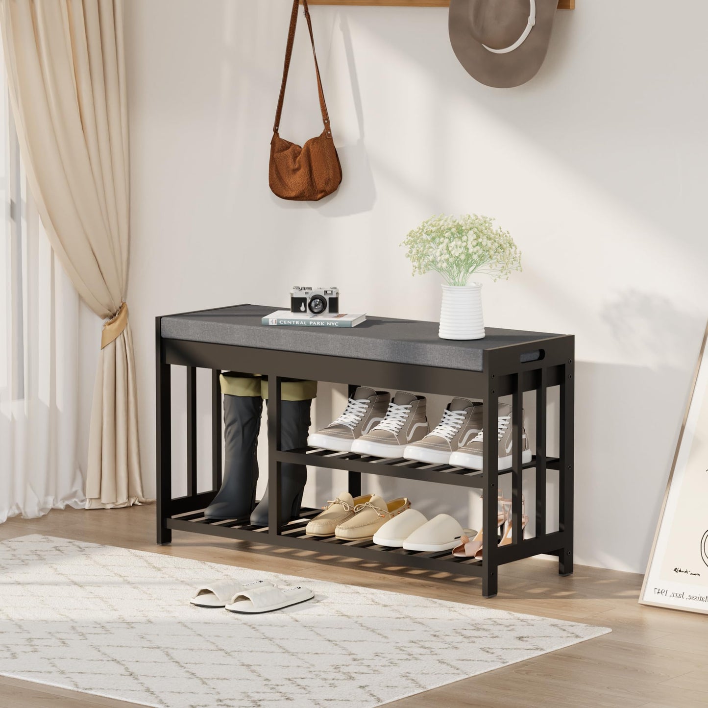 bambooflow Shoe Rack Bench with Cushion,2 Tiers Shoe Bench with Flip-Top Storage,Wood Shoe Rack for Entryway, Hallway, Bedroom, Front Door Entrance (Black)