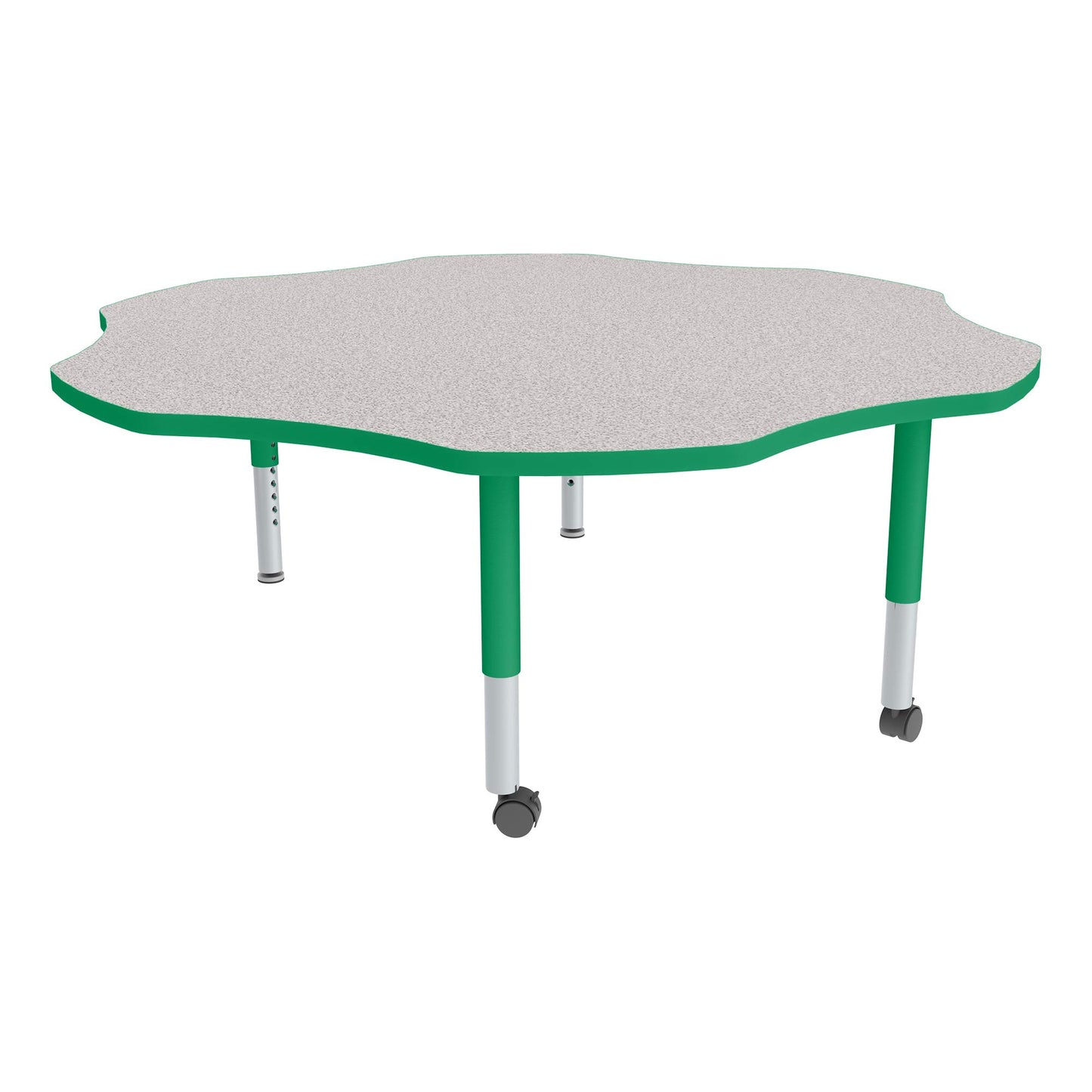 Sprogs Adjustable Height Mobile Classroom Activity Table for Preschools, Flower Preschool Activity Table with Casters, 60" L x 60" W x 23" H, Gray/Green