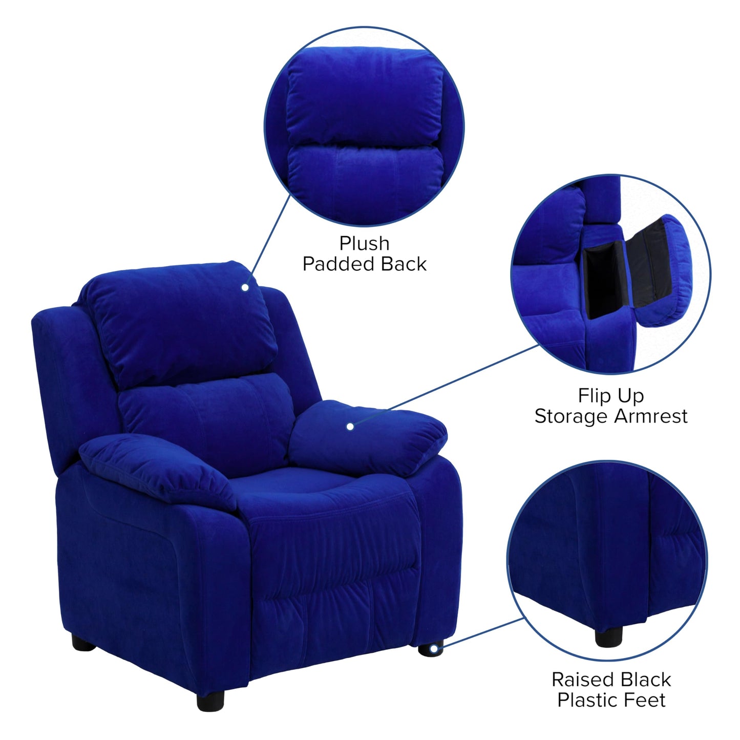 Flash Furniture Charlie Microfiber Kids Recliner with Flip-Up Storage Arms and Safety Recline, Contemporary Reclining Chair for Kids, Supports up to 90 lbs., Blue