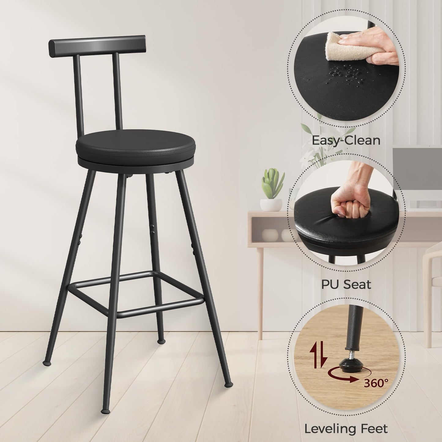 MAHANCRIS Bar Stools, Set of 2 PU Upholstered Bar Stools, Bar Chairs with Backrest and Footrest, Kitchen Stools with Adjustable Feet, Comfort PU Seat for Home Bar, Kitchen Island, Black BABK60R01