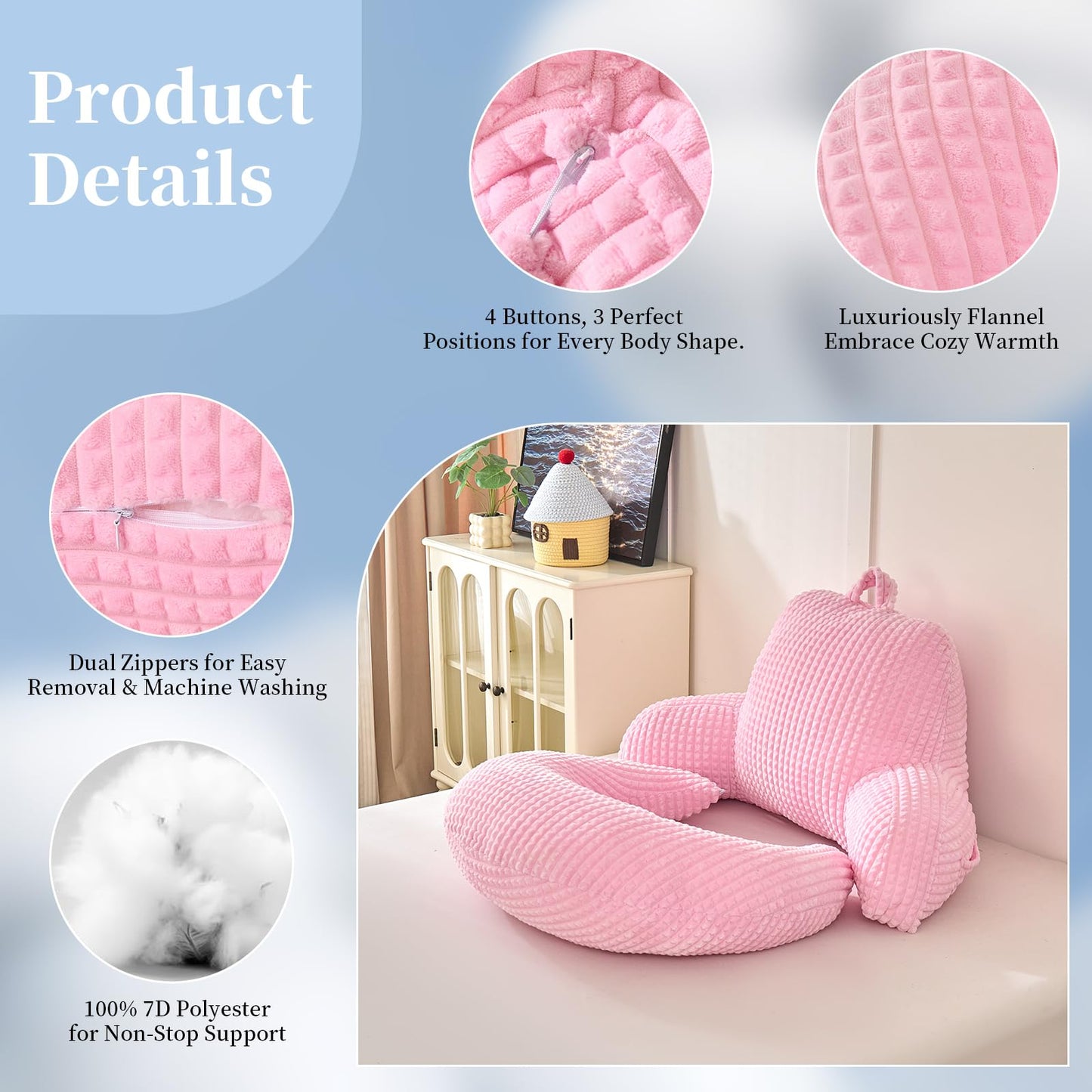 19" Reading Pillow for Bed,U Shaped Arm & Elbow Support,Pink Corduroy
