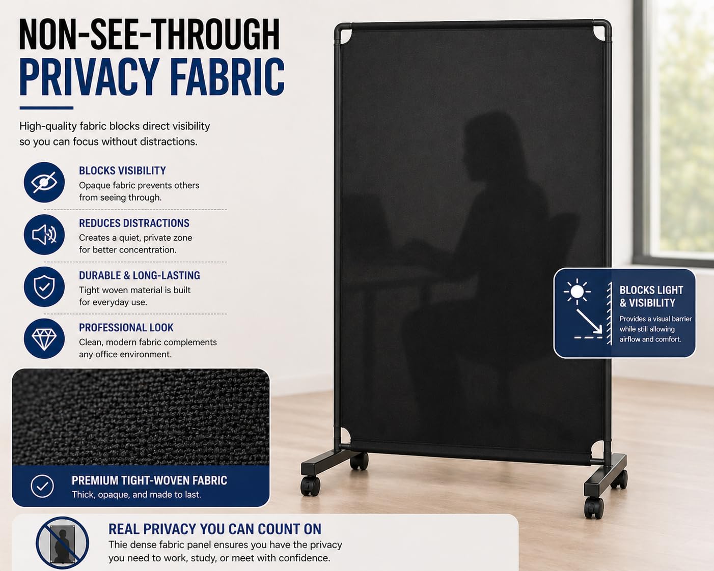Rolling Room Divider with Wheels, Portable Privacy Screen Partition Wall, Freestanding Office Divider Panel, Non-See-Through Fabric, Locking Casters for Office Home Classroom Clinic, 50" W x 71" H