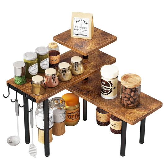 IBUYKE Kitchen Countertop Organizer,3-Tier Wooden Spice Racks,Bathroom Counter Organizer，Rotating Adjustable,4 Side Hooks,Corner Shelf for Kitchen,Coffee Bar, Cabinet, Desk,Rustic Brown,TLJ023H
