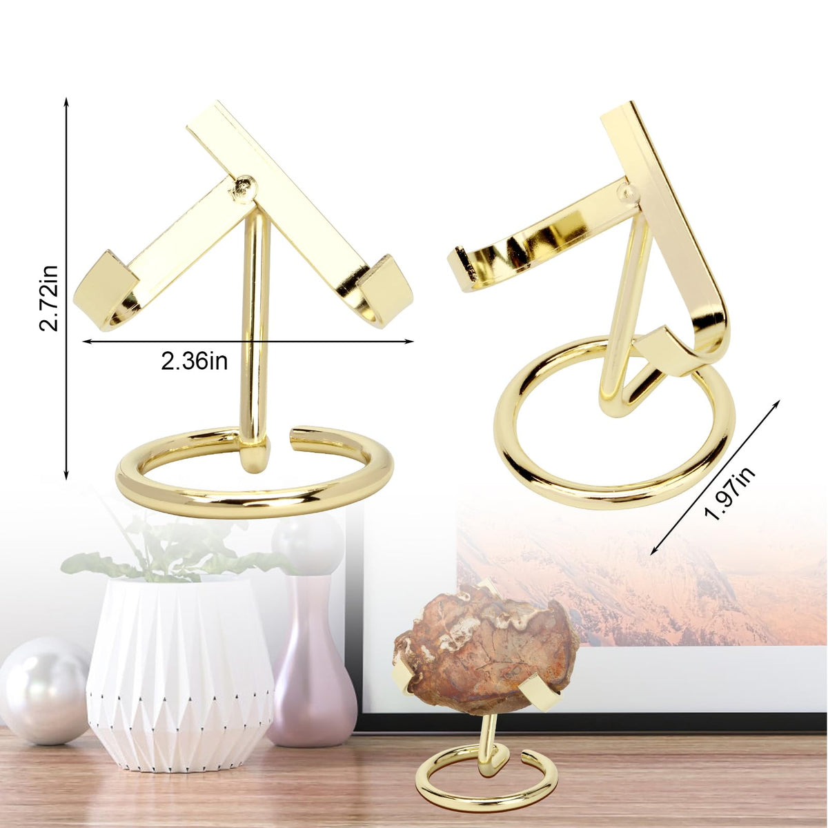 KCGANI 4 Pcs Metal Crystal Display Shelf, Rock Display Stands Crystal Holder Heart, Golden Display Stand for Mineral Gemstone Agate Fossil Coral Jewelry Showcasing for Home Shop Office Use