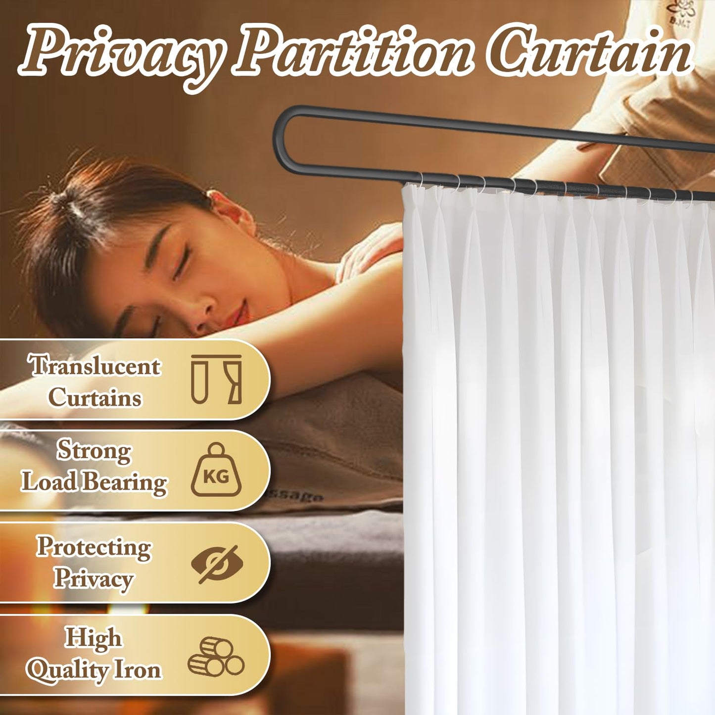 Privacy Partition Curtains,U Shaped Rod with Flat Hook Inherent,U-Shape Portable Panel Room Divider for Fitting Room Beauty Salon Bedroom Hospital SPA, 6.56ft