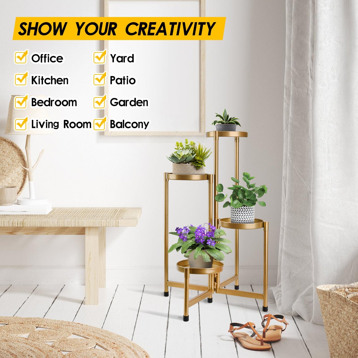 HOEGMST 4 Tier Plant Stand Indoor Outdoor, 31 Inch Tall Metal Plant Shelf Waterproof, Plant Holder with Folding Design For Home, Living Room, New Upgrate Gold