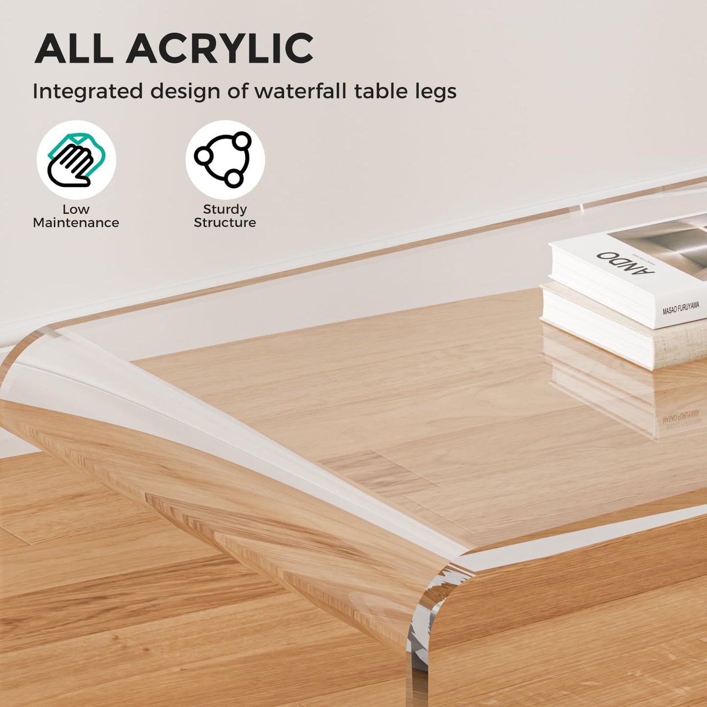 TPZLRN Premium Acrylic Coffee Table, 35.5" D x 17.8" W x 13.8" H Modern Clear Coffee Table, 0.6'' Thick Rectangle Waterfall Table for Living Room, Office, Hotel, Showroom, Transparent