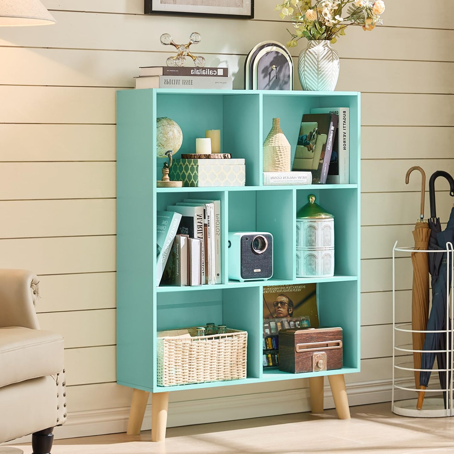 LEYAOYAO 7 Cube Bookshelf 3-Tier Bookcase with Legs, Mint-Green Kids Book Shelf Cute Storage Organizer, Toy Shelves Bookshelves,Wood Display Bookcases