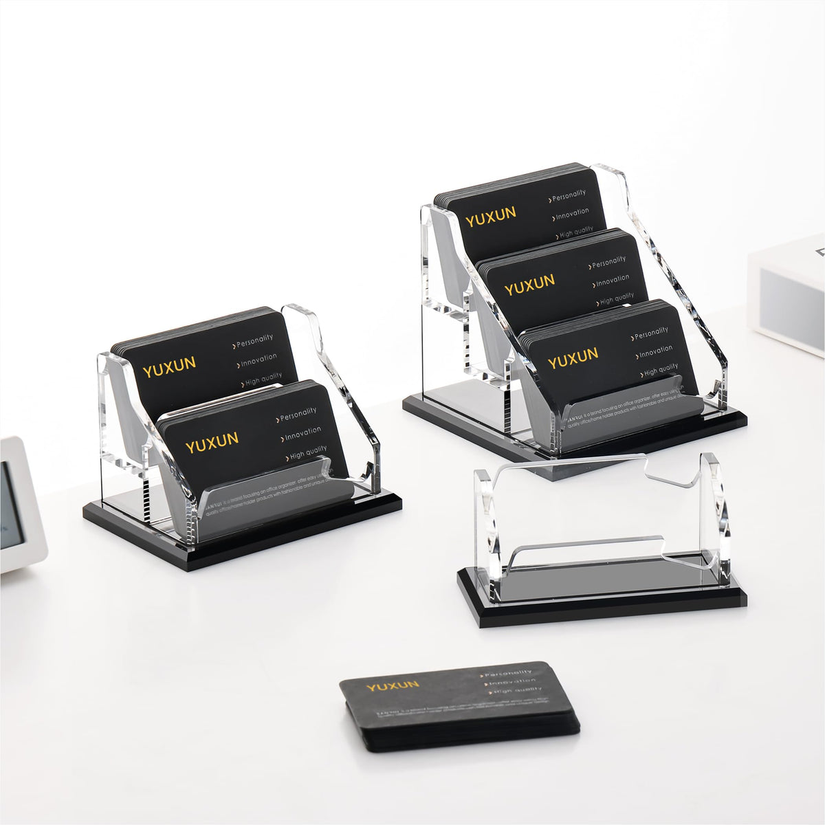YUXUN Black Business Card Holder for Desk-3 Tier 3 Slot, Acrylic Business Card Holder for Women Men, 100+ Business Cards Display Stand, Multiple Business Card Display for Exhibition, Home, Office