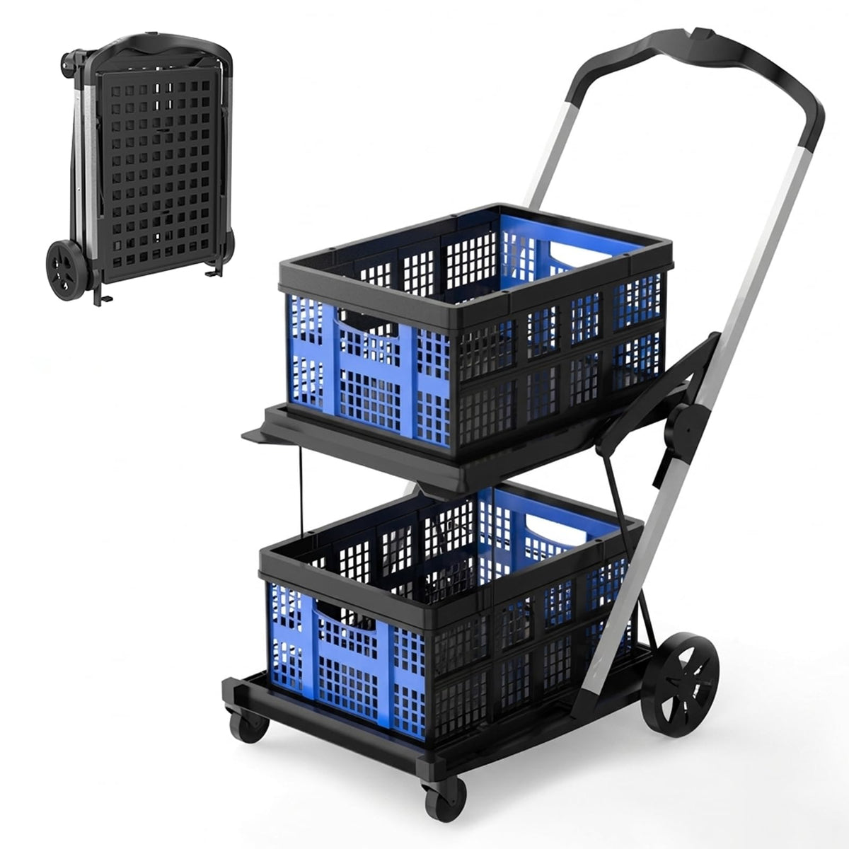 Collapsible Shopping Cart with Wheels,2 Tier Multi Use Foldable Shopping Cart with 2 Storage Crates,Folding Shopping Trolley Utility Cart for Office,Groceries, Warehouse,Supermarket,Picnic (Blue)