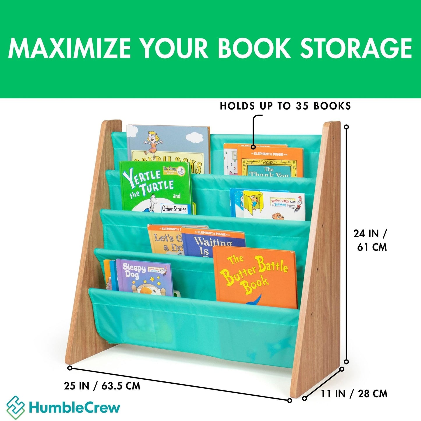Humble Crew Kids Bookshelf, 4-Tier Front-Facing Book Display Organizer, Montessori Toddler Bookcase for Playroom, Bedroom & Reading Corner, Natural Wood/Seafoam Green