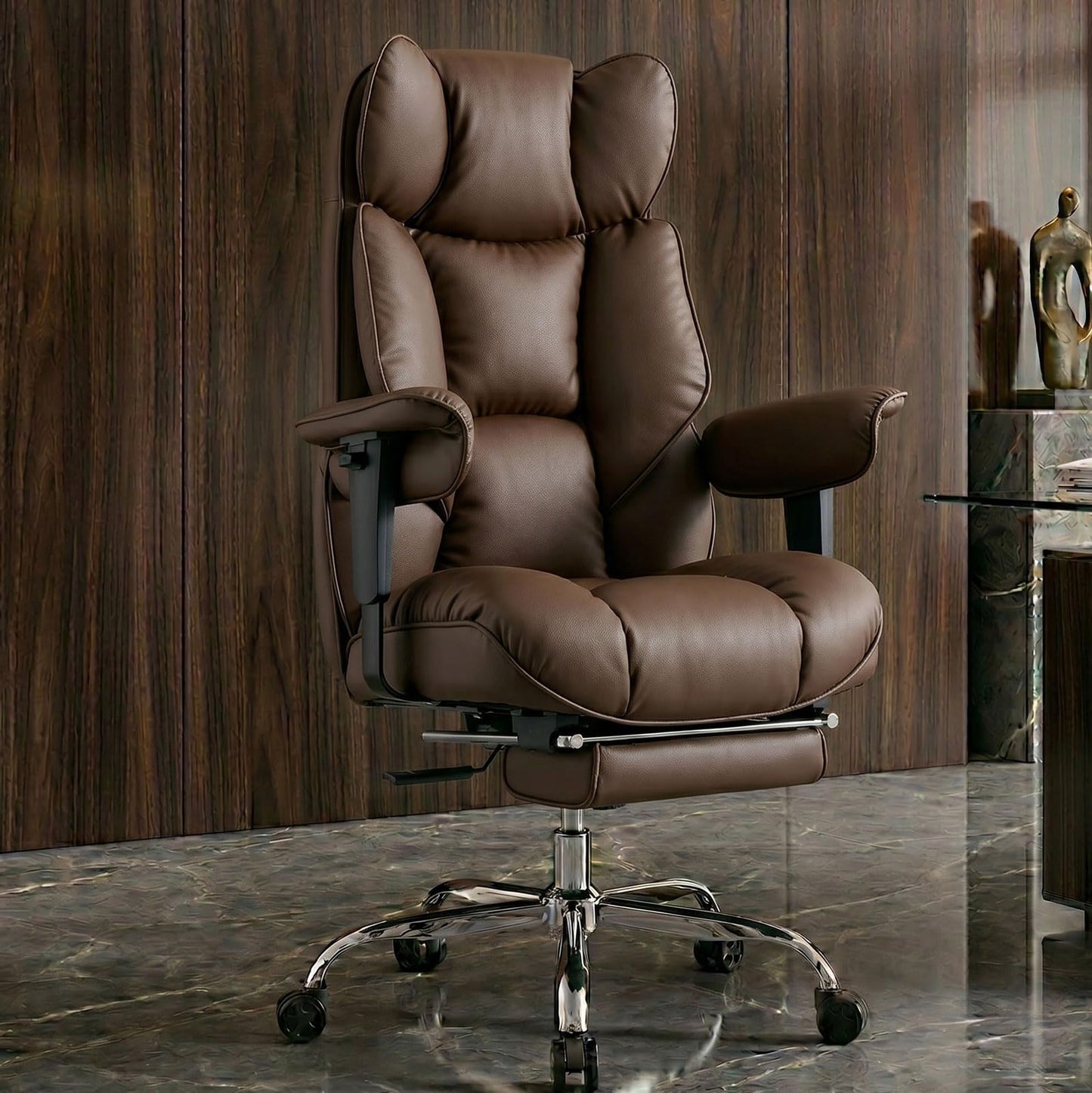 Efomao Big and Tall Office Chair 400lbs - Heavy Duty Reclining Desk Chair with Footrest, Spacious High Back PU Leather Executive Office Chair, Double-Layer Spring Support, Brown