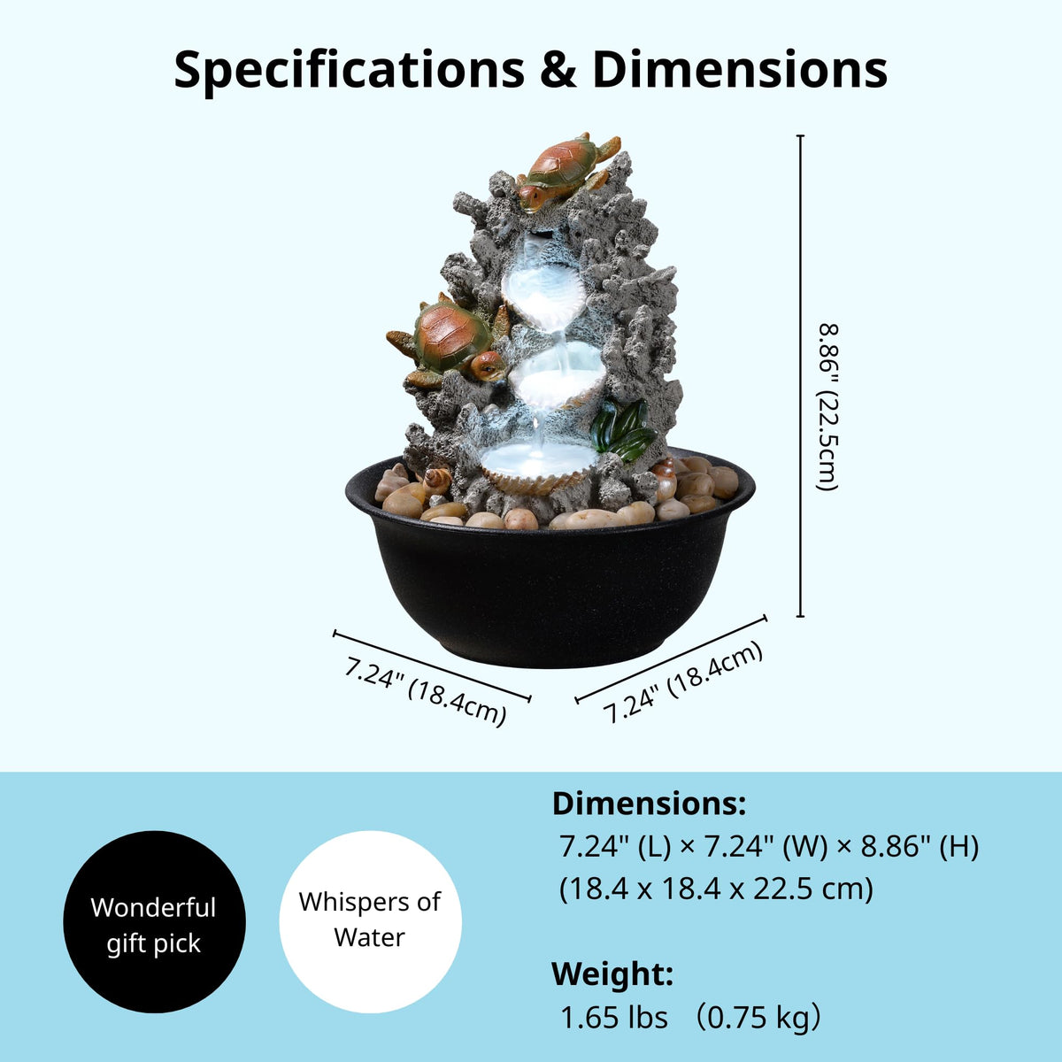 Indoor Tabletop Turtle Water Fountain with LED Light – Coastal Sea Life Desk Waterfall Feature with Soothing Sounds and River Rocks, Ocean Zen Decor for Home Office