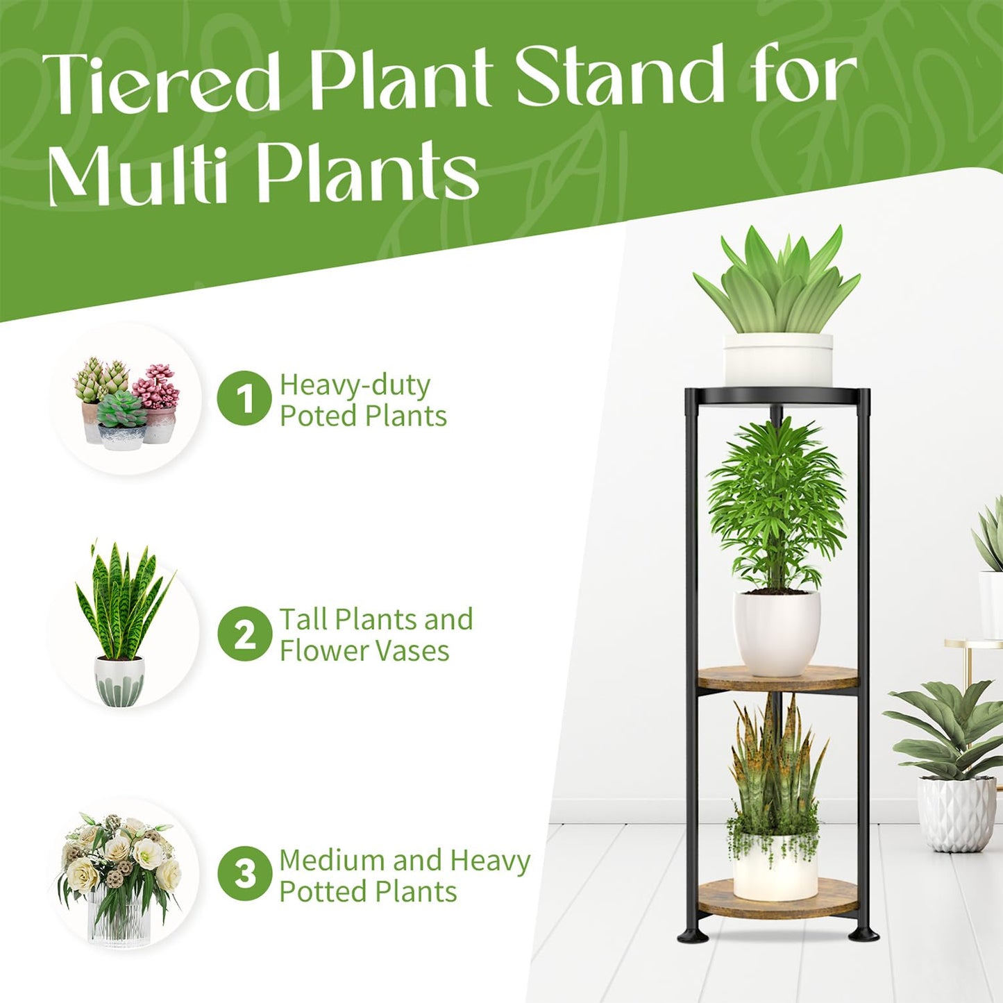 iDavosic.ly 3 Tier Corner Plant Stand Indoor, 34 Inch Tall Vertical Metal Flower Heavy Duty Pot Holder Shelf Outdoor for Patio Porch Living Room, Modern Black & Rustic Brown - Round