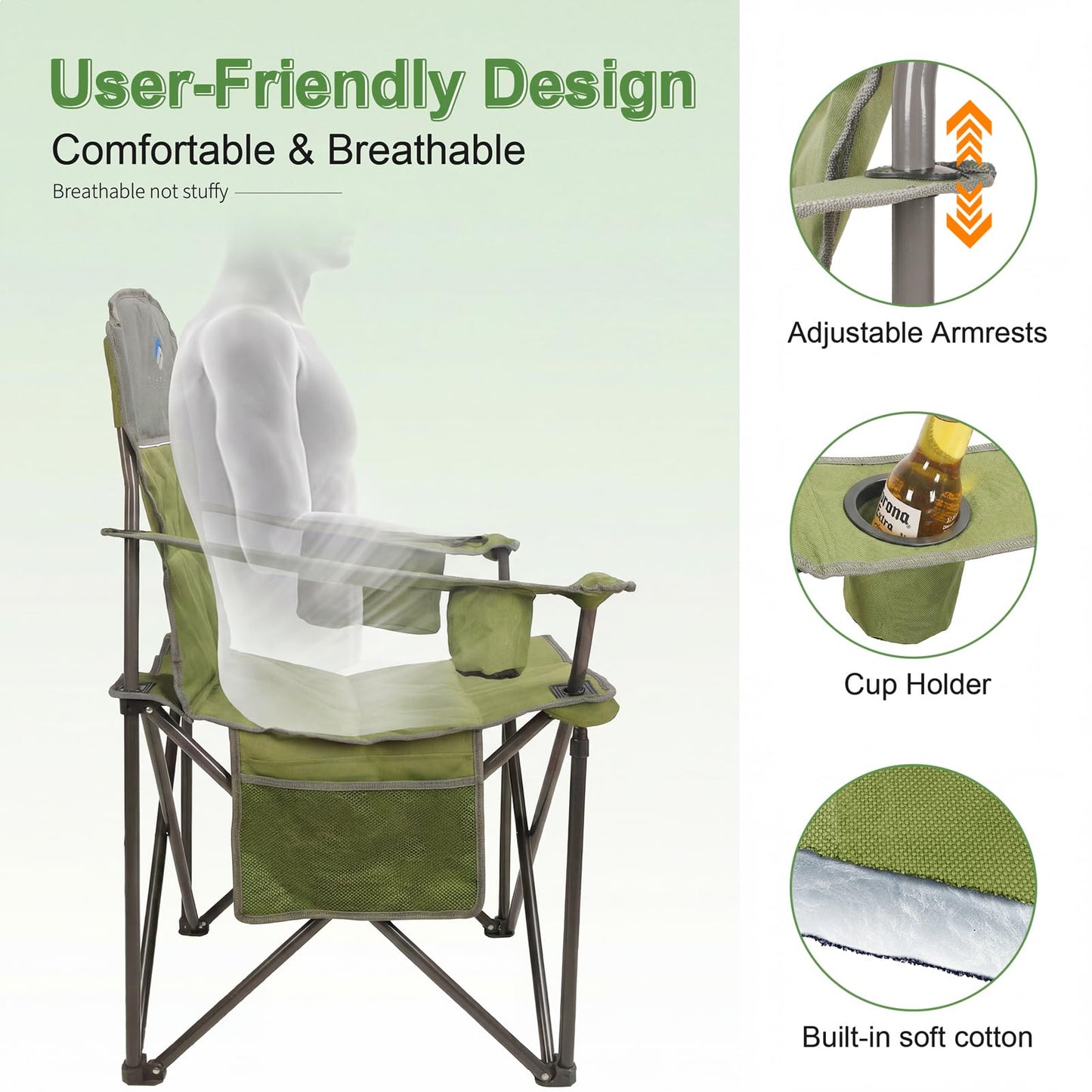 CAMPHILL Oversized Camping Chairs 2 Pack - Heavy Duty 400LBS Padded Lawn Chair with Cooler Bag,Cup Holder,Side Pocket,Collapsible for Outdoor,Camp,Fishing & Garden,Olive Green
