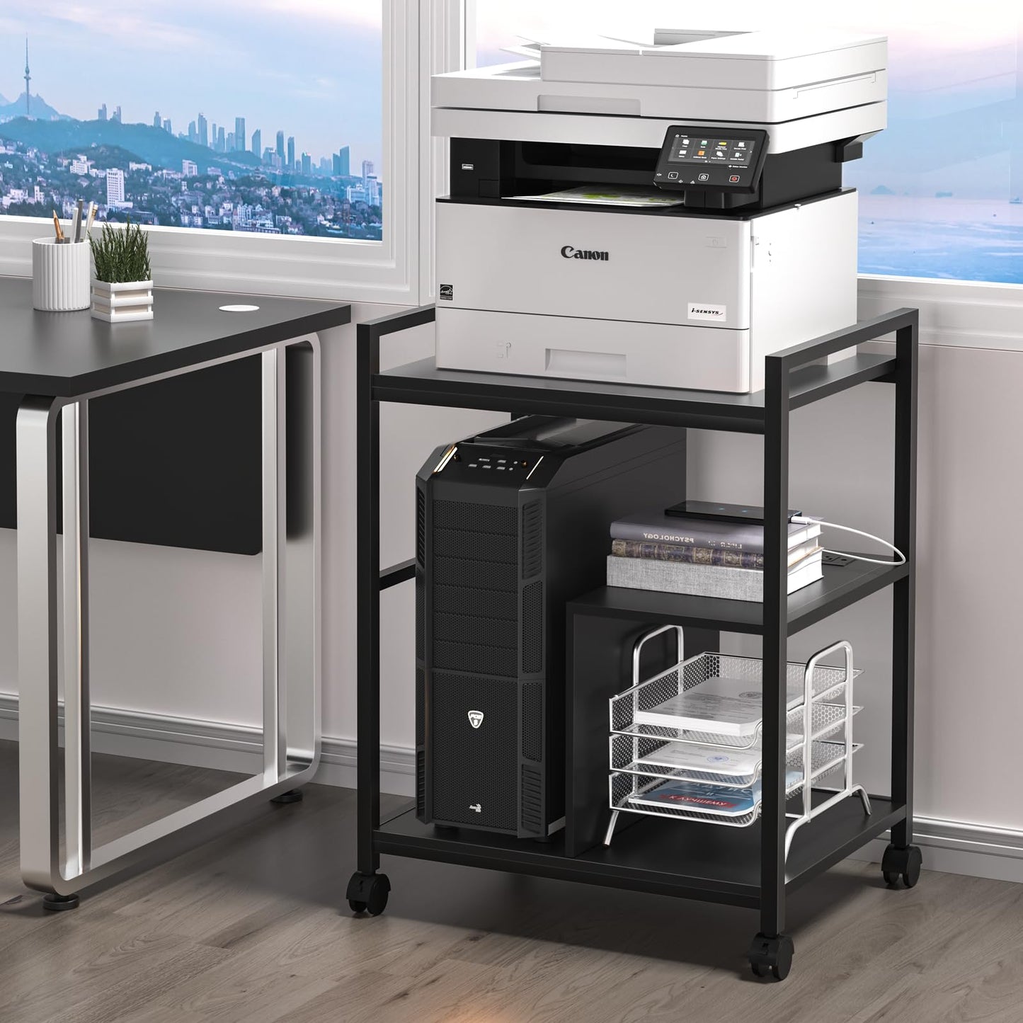 Lerliuo Printer Stand with Charging Station and USB Ports, Large 3-Tier Mobile Printer Table with Storage Shelf, Black Rolling Industrial Printer Cart with Lockable Wheels for Home Office