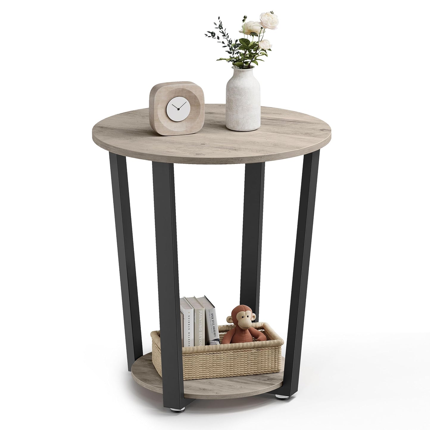 VASAGLE Round Side End Table, 2-Tier Accent Bedside Table with Storage Shelf, Easy Assembly, Nightstand for Small Spaces, Living Room, Bedroom, Heather Greige and Ink Black ULET057B02