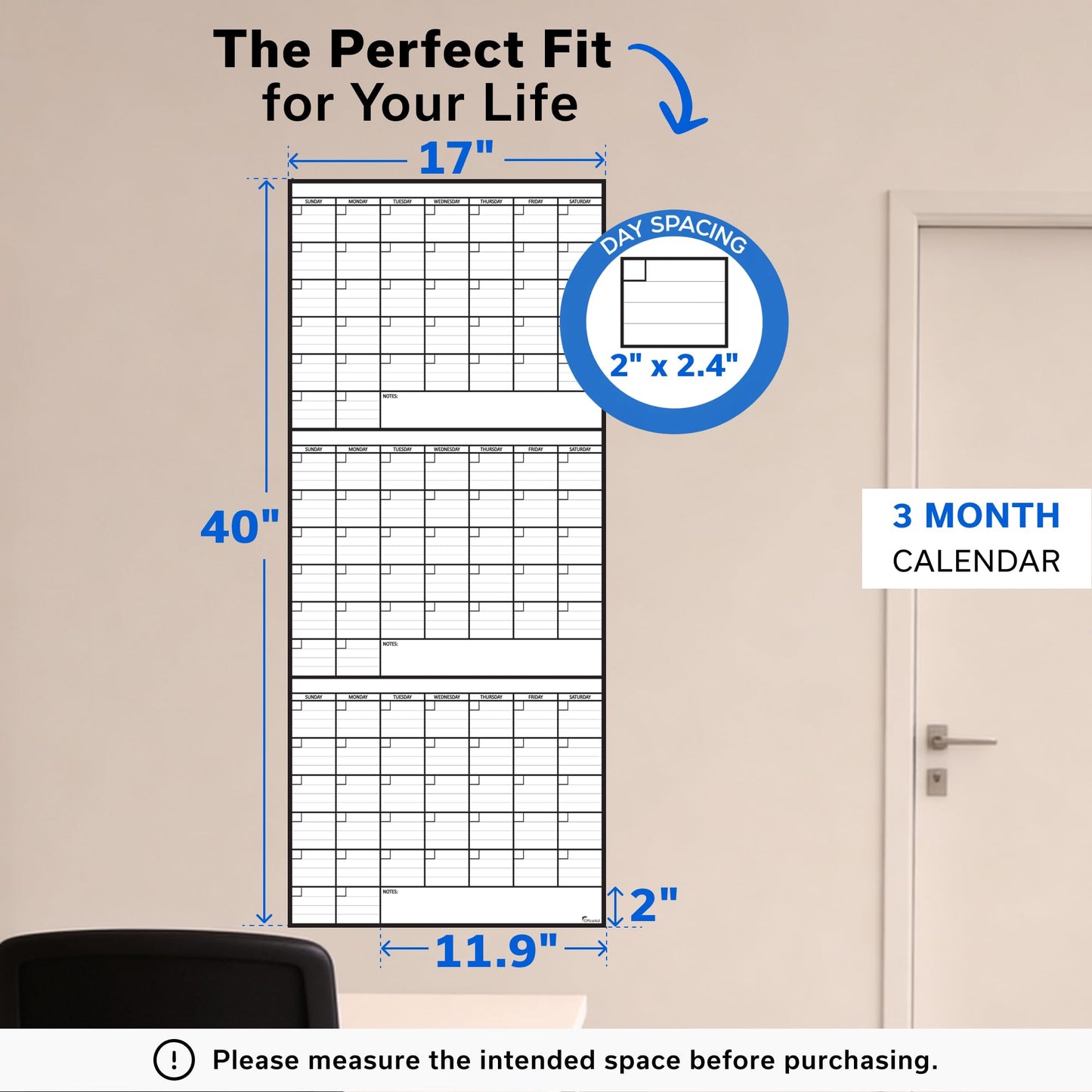 3 Month Dry Erase Calendar for Wall 40x17, Large Three Monthly Reusable Planner, Big Dry Office Erase, Rolled Whiteboard White Board, Classroom Calendar Undated Giant for Wall Erasable Family