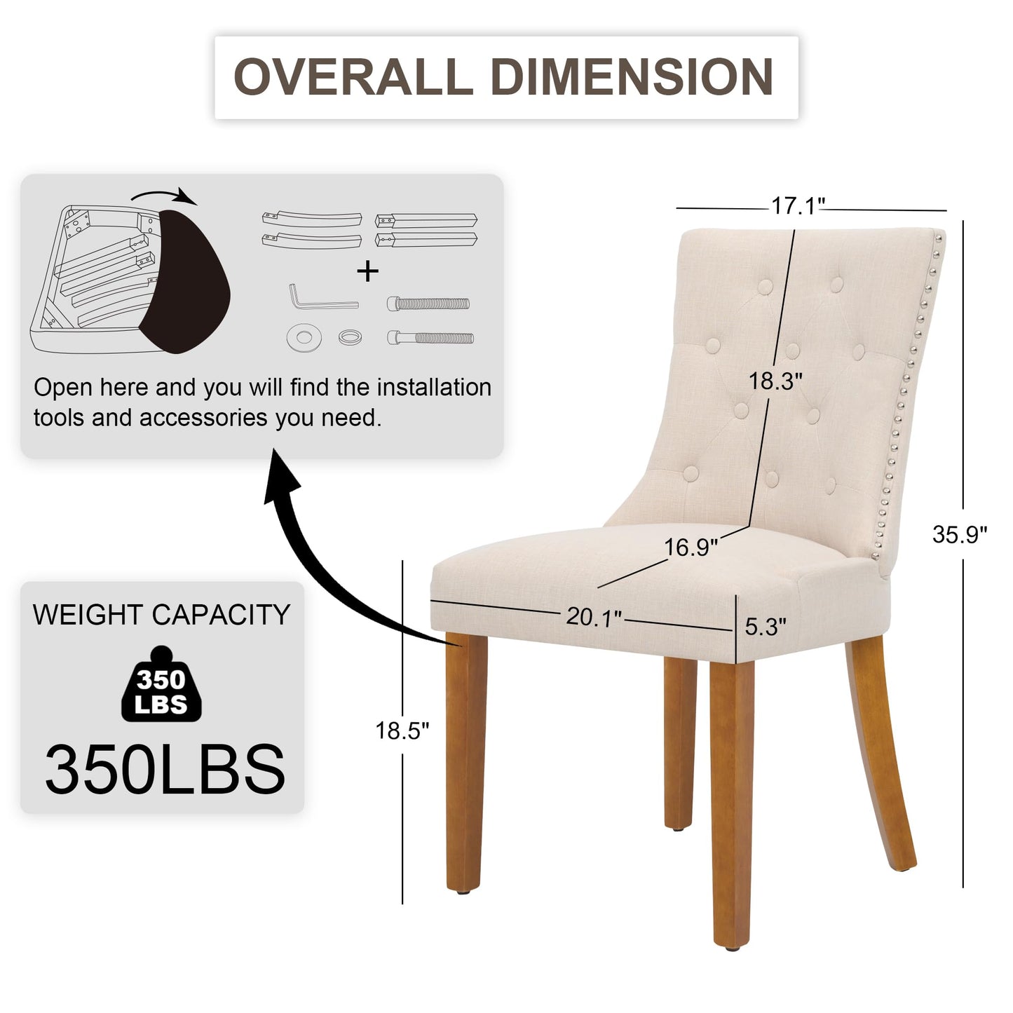 UDAX Upholstered Tufted Dining Chairs Set of 4, Fabric Side Dining Room Chairs with Nailhead Back Ring Pull Trim Solid Wood Legs, Beige
