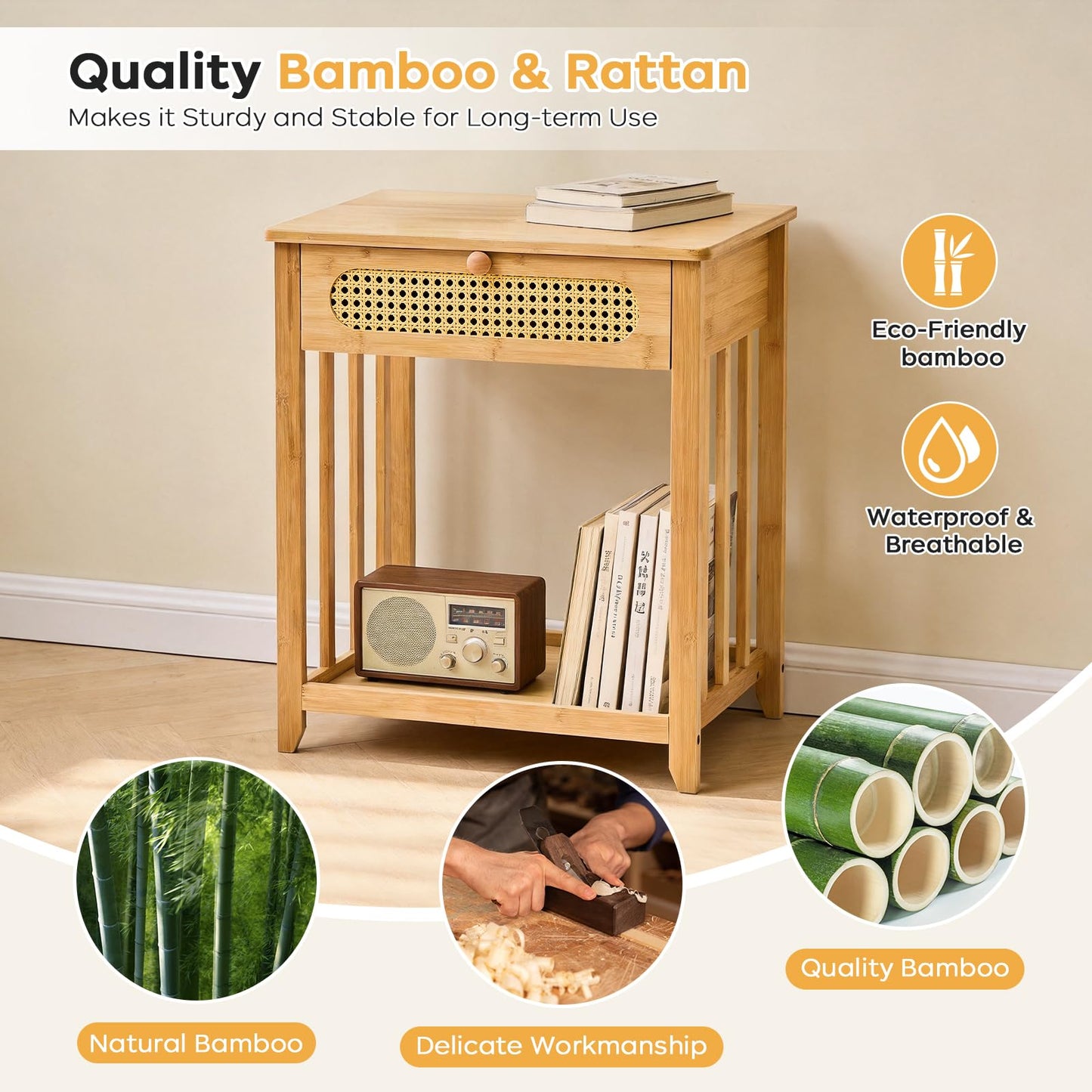 oakvivo Nightstand Set of 2, Rattan Night Stand Bedside Table with Drawer, 19.7" W Bamboo End Tables with Open Storage Shelf, Boho Sofa Bed Side Table for Bedroom, Living Room, Sofa, Couch, Natural