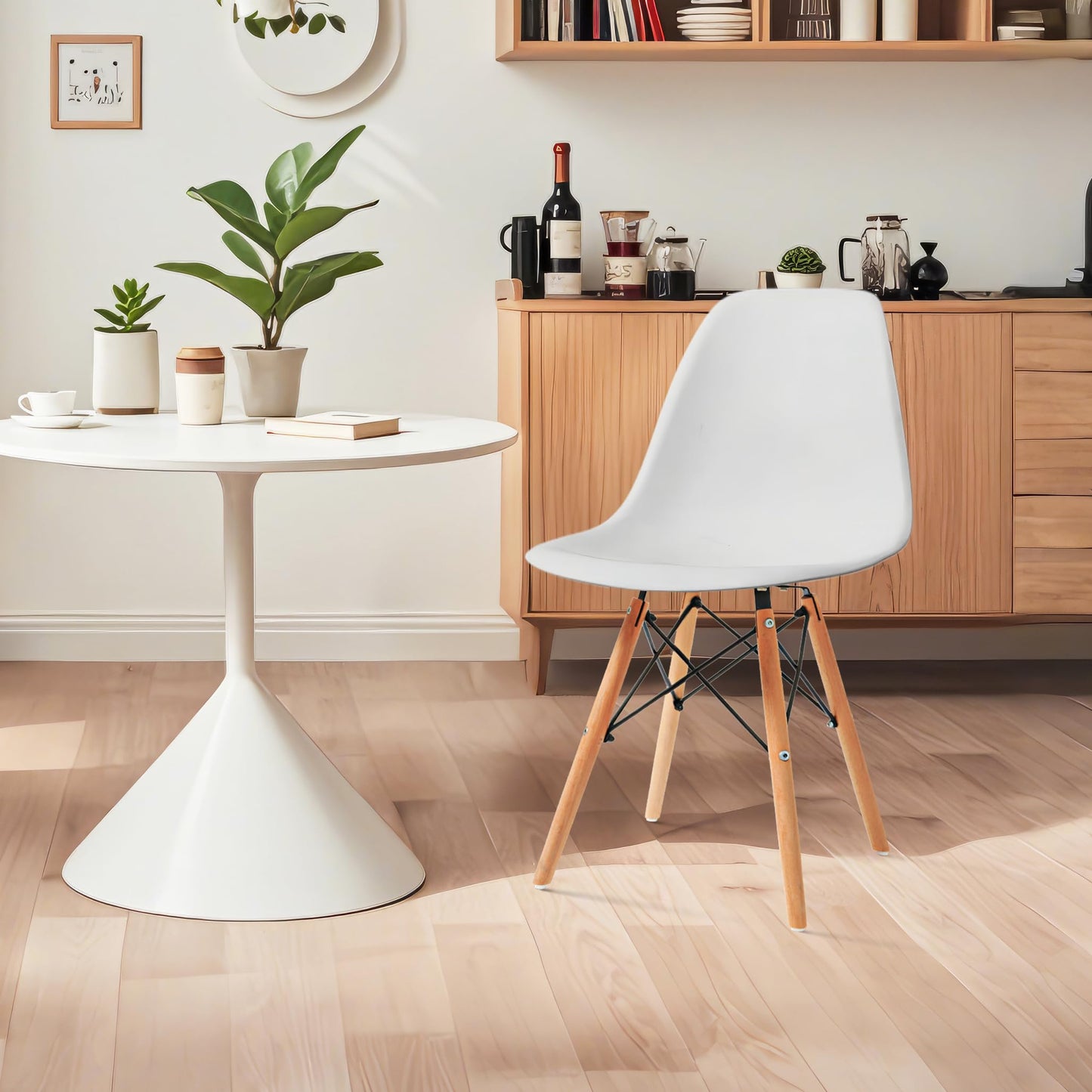 CangLong Modern Mid-Century Side Chair with Natural Wood Legs for Kitchen, Living Dining Room, White