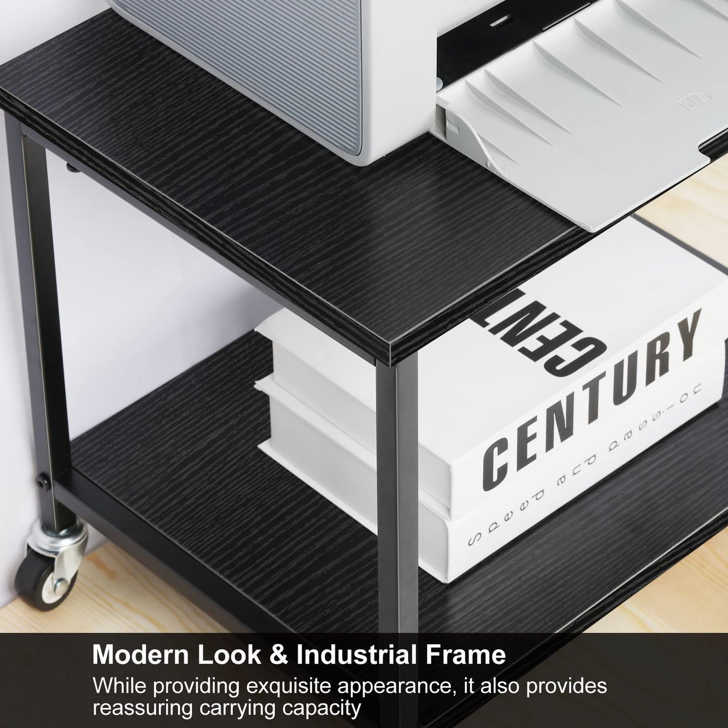 CADUKE Black Printer Stand, Under Desk Printer Table with Wheels, Mobile Printer Shelf 2 Tier Rolling Printer Cart for Home Desktop Organizer Shelf for Printer Fax Scanner Stand Rack Wood