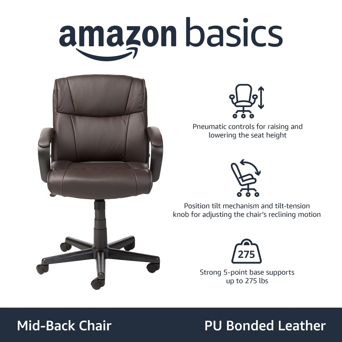 Amazon Basics Office Task Chair with Adjustable Height, 360° Swivel, Padded Armrests, Mid-Back, Rolling, 275 Pound Capacity, 24"D x 24.2"W x 34.8"H, BIFMA Certified, Dark Brown Faux Leather