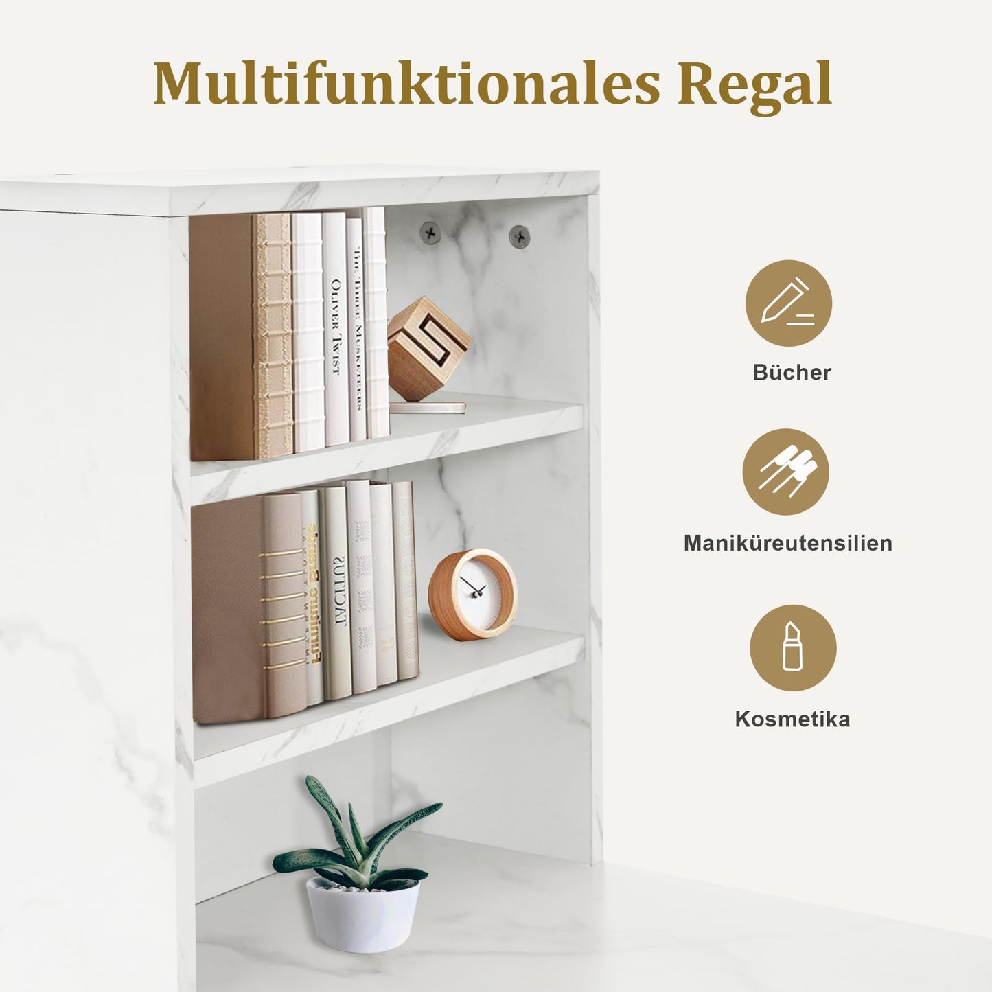 M MCombo Desk with 3 Drawers, Nail Table Made of Wood, Metal Frame, Manicure Table, Marble White Gold, Dressing Table without Mirror, Modern, Computer Desk with Shelf Living Room, 43 x 108 x 125 cm,