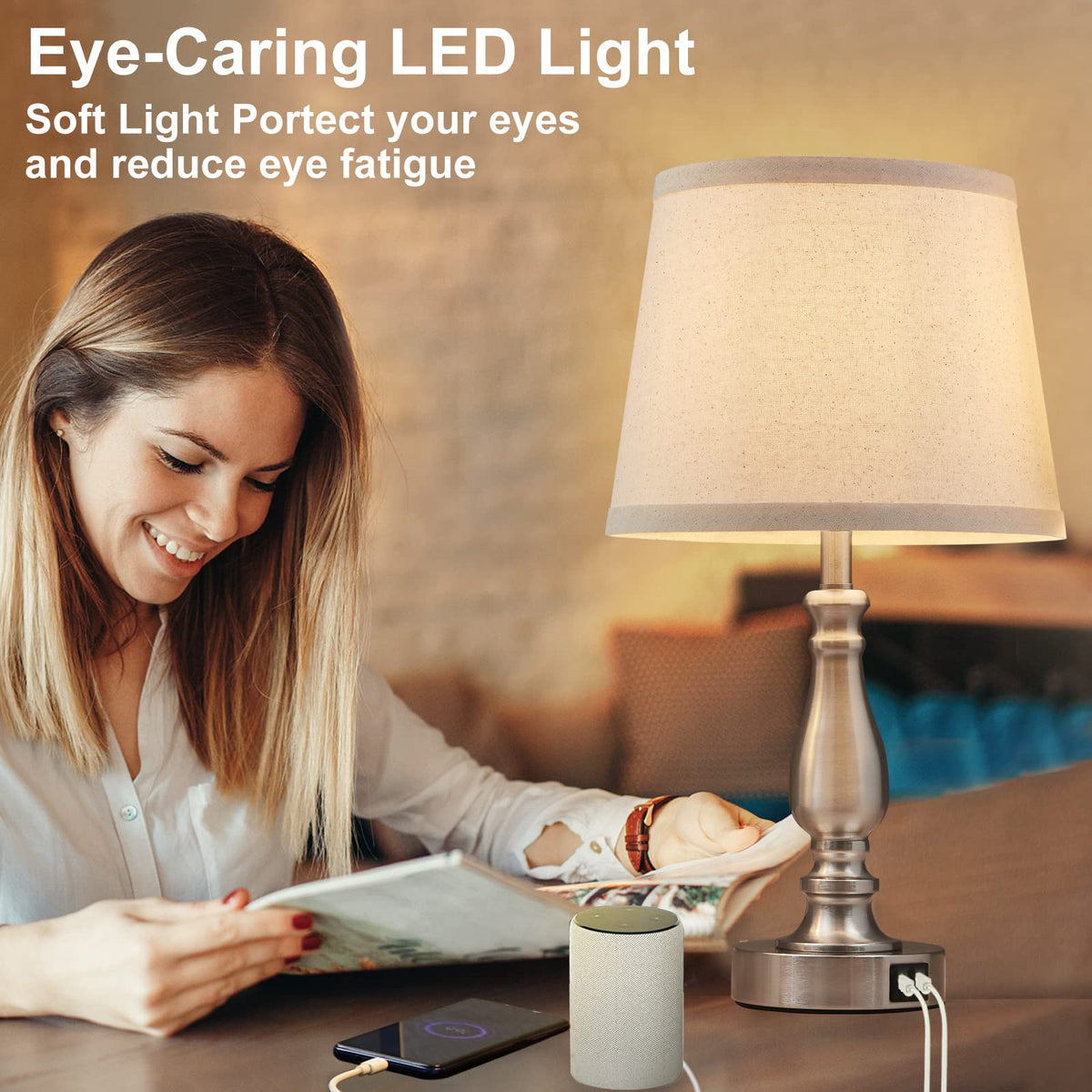EJIAXIN Lamps for Bedrooms Set of 2, Brushed Nickel Bedside Lamps with USB C+A Ports,Dimmable Nightstand Lamps with Fabric Lampshade, Touch Table Lamp for Living Room Bedroom Office, Bulbs Included