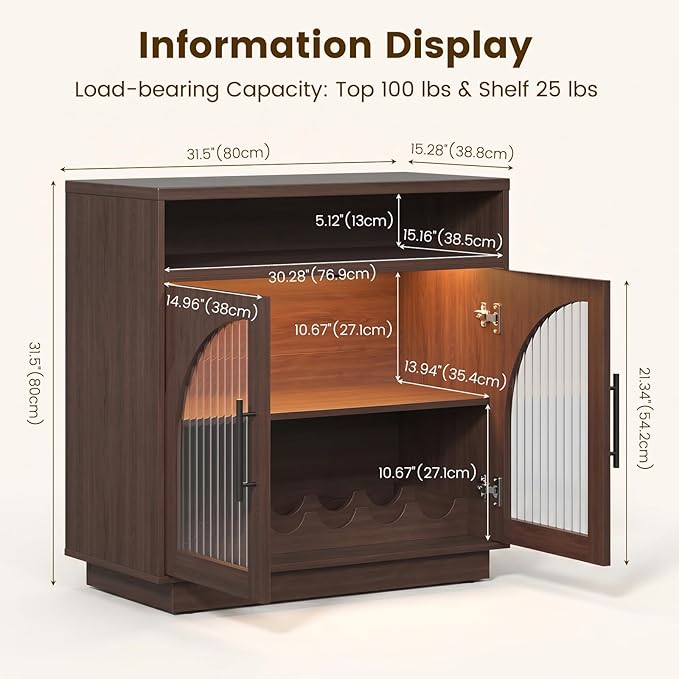 Sideboard Buffet Cabinet with Storage, 31.5" Coffee Bar Cabinet with LED Lights