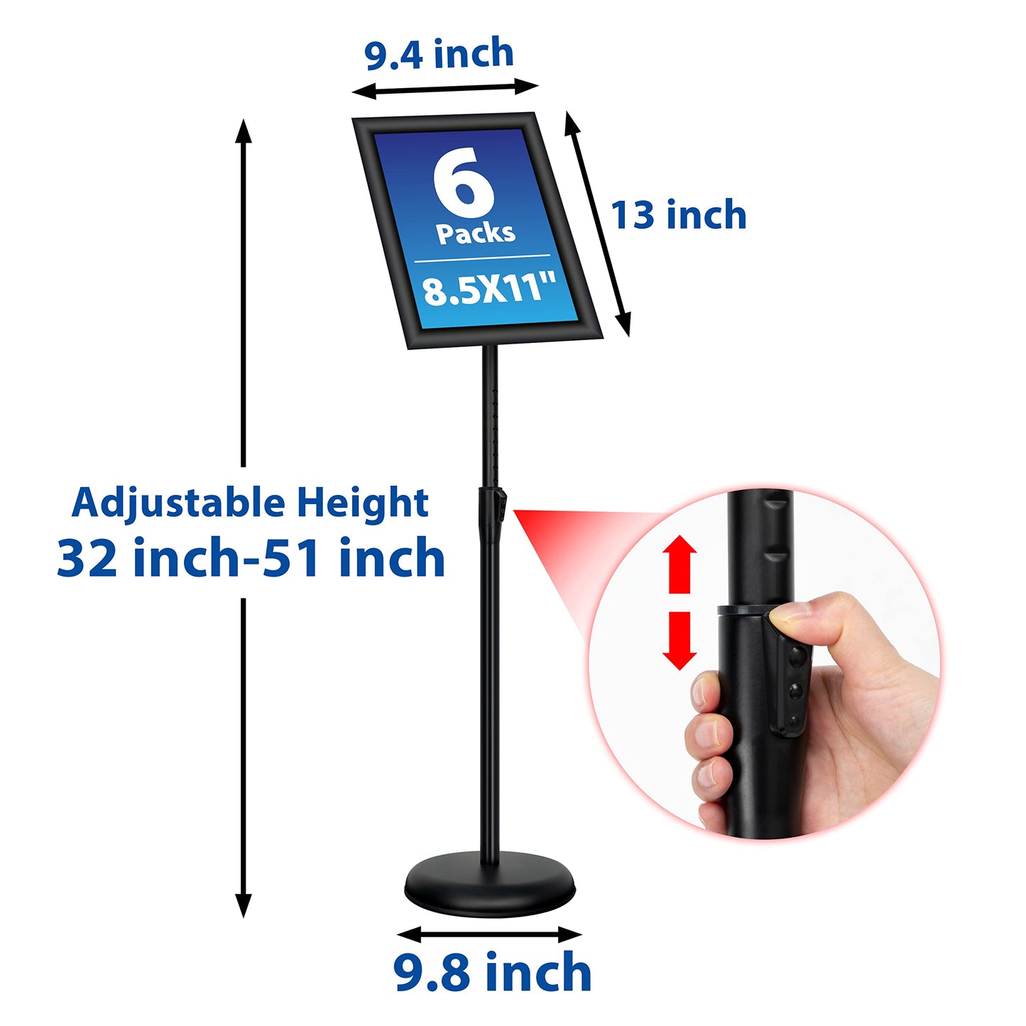 VAIIGO 6Packs 8.5x11 Inch Adjustable Pedestal Poster Sign Stand, Heavy Duty Floor Standing Sign Holder Stand Aluminum Snap Open Frame for Vertical and Horizontal View Sign Displayed(Black)