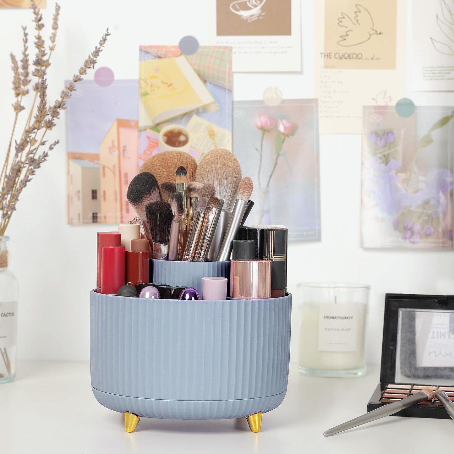 SKYDUE 360 Degree Rotating Desk Organizer, Dual-Purpose Pencil Pen Holder, Rotating Desk Pen Organizer with 5 Slots, Pencil Cup for Office, School, Home (Airy Blue)