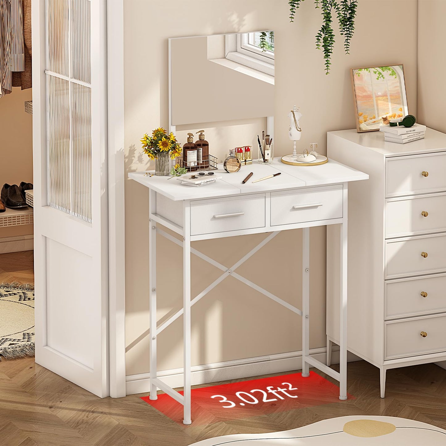 Jakyitvi Small Vanity Desk with Mirror and Drawers, White Makeup Vanity Table with Storage, Compact Vanity for Bedroom, Modern Makeup Desk for Girls, Space-Saving Vanity Table