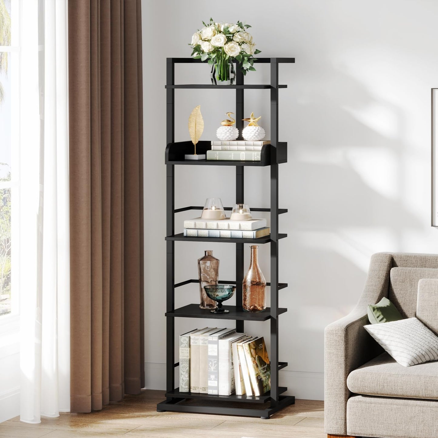 Hosfais Book Shelf Tall Bookshelf: 5 Tier Wood Bookcase with Metal Edge Protection Industrial Narrow Bookshelf Corner Storage Organizer Display Book Rack for Living Room Bedroom Home Office (Black)